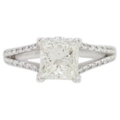 DE BEERS Princess Brilliant Cut Diamond Halo Platinum Engagement Ring