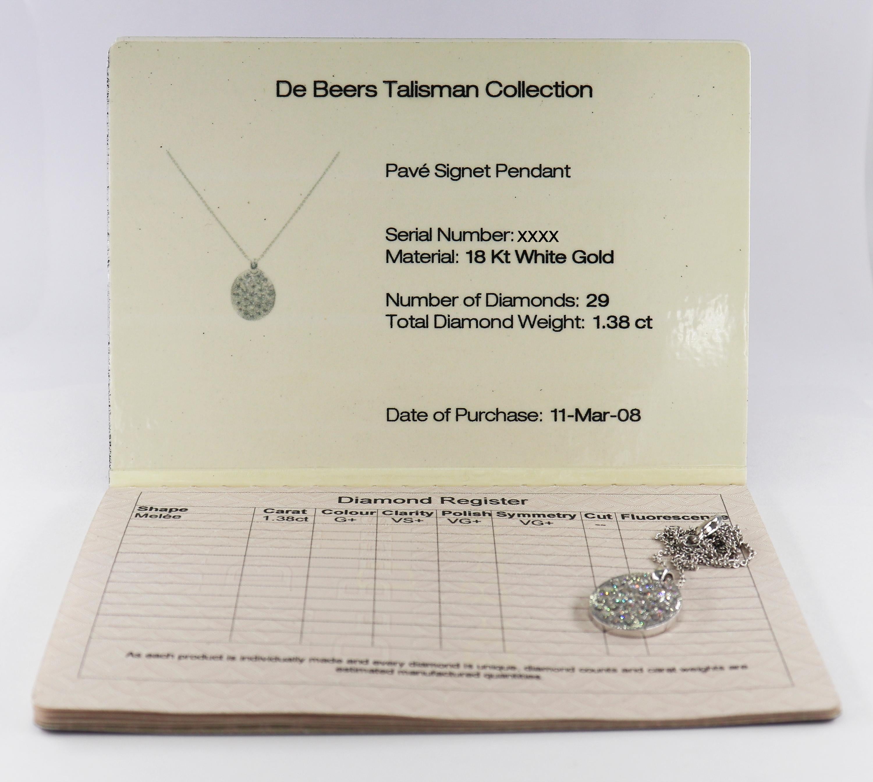 Round Cut De Beers Talisman Collection Diamond Pendant Necklace = 1.38 Carat Total Weight