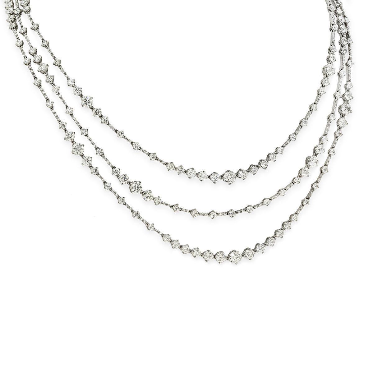 Round Cut De Beers White Gold Arpeggia Three Line Diamond Necklace 19.4ct G+/VS+