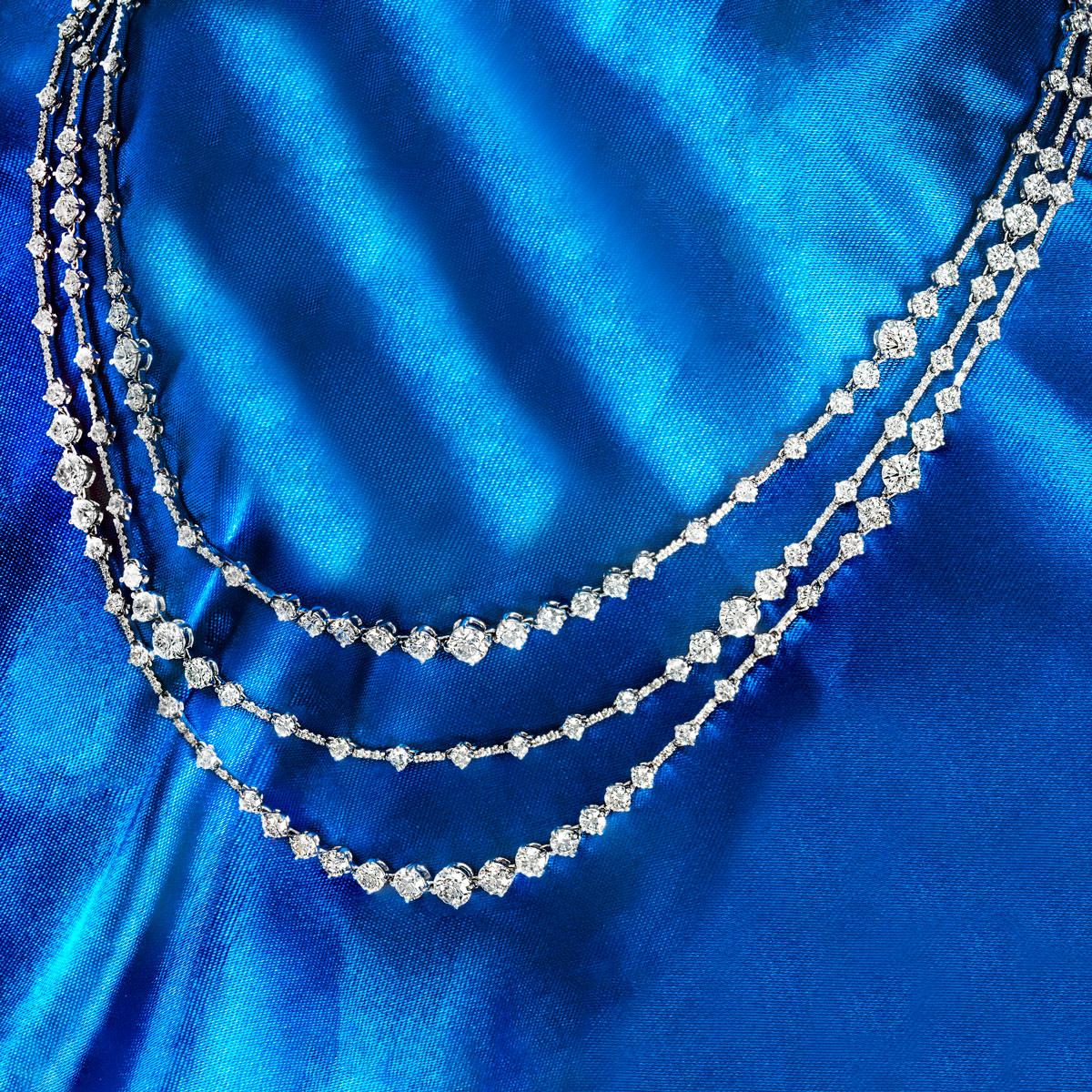 De Beers White Gold Arpeggia Three Line Diamond Necklace 19.4ct G+/VS+ 3