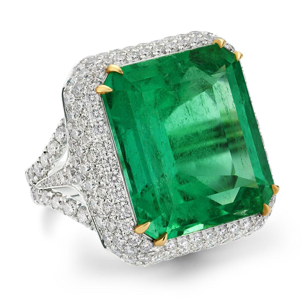 de Boulle High Jewelry Collection Moghul Ring featuring 36.47 ct. natural beryl Colombian emerald-cut emerald ring ablaze with diamonds set in platinum.

Colombian Emerald (36.47 ct.)
Round Brilliant Diamonds (5.51 ctw.)
Platinum