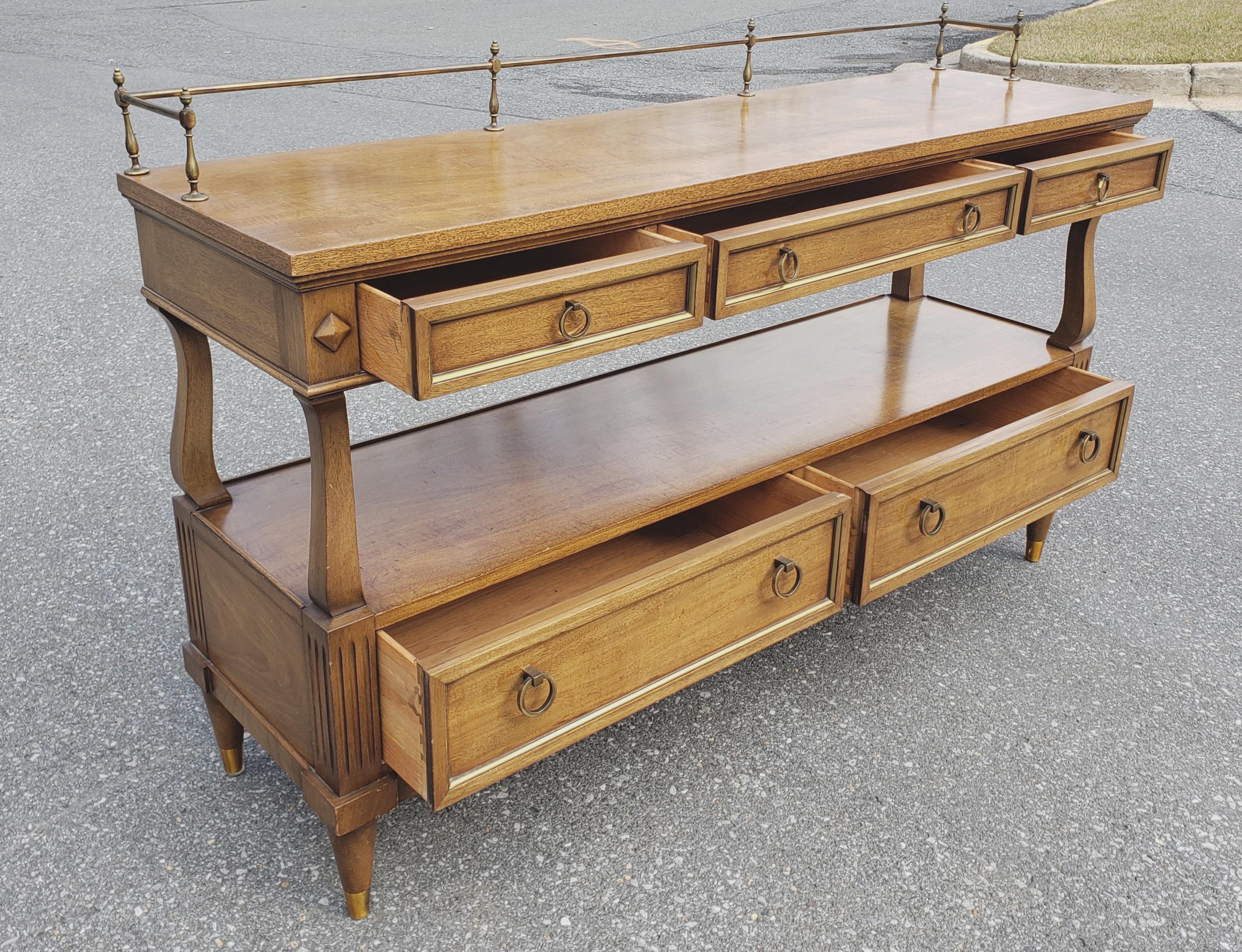 Mid-Century Modern De Bournais French Neoclassical Tiered Brass Mounted Galleried Walnut Sideboard For Sale