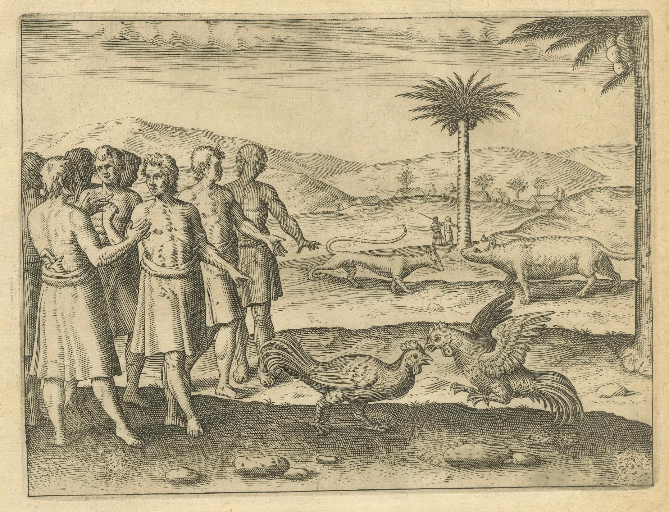 La India y las Indias Orientales de De Bry - Peleas de gallos, árboles sagrados y animales exóticos, 1598 siglo XVIII y antes en venta