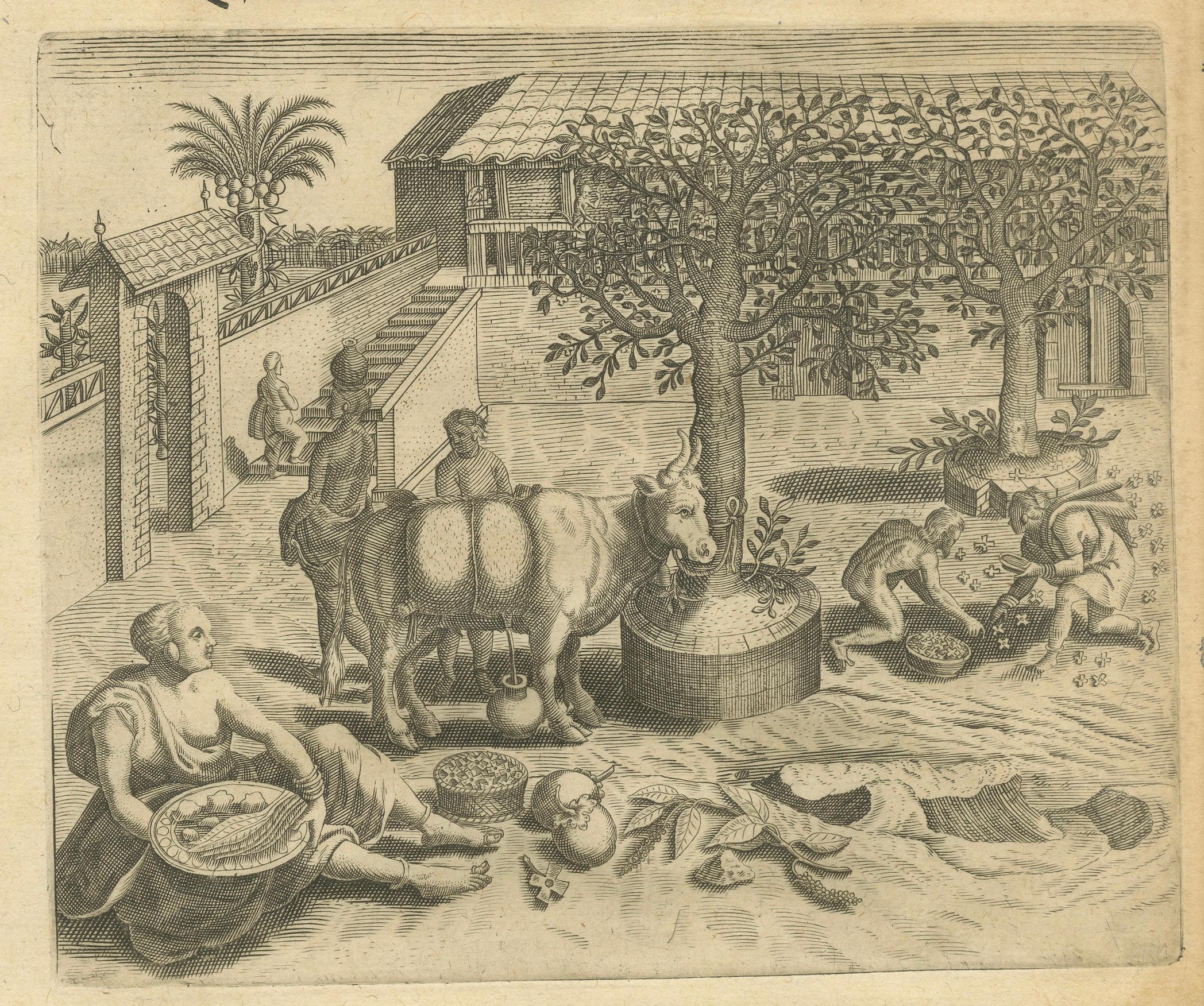 La India y las Indias Orientales de De Bry - Peleas de gallos, árboles sagrados y animales exóticos, 1598 Papel en venta