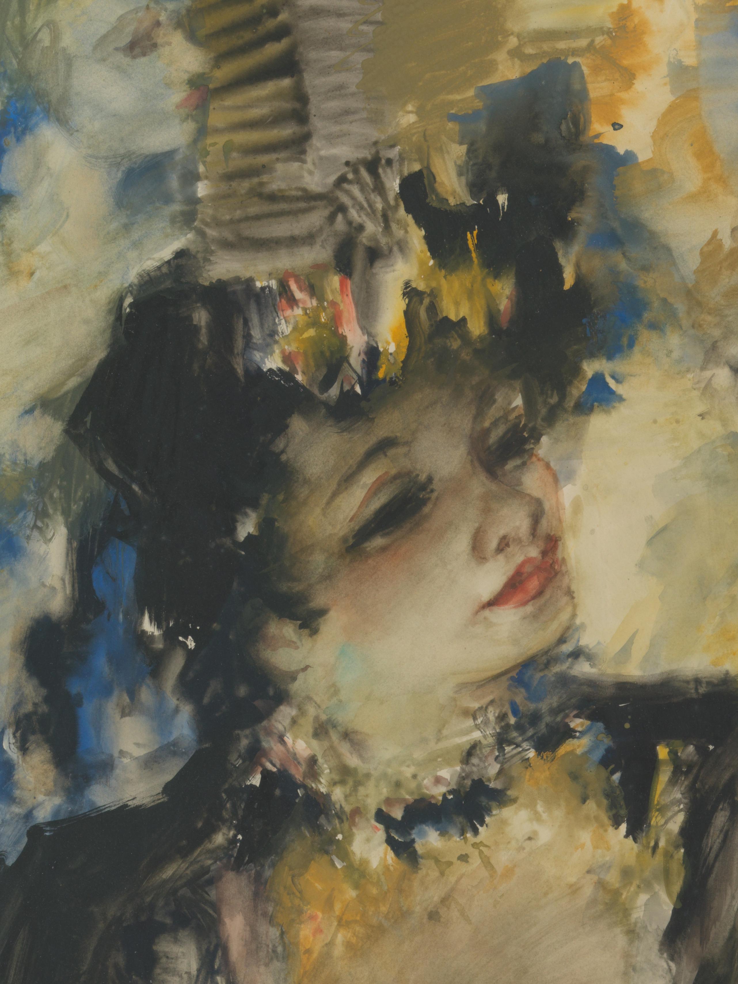 Cette aquarelle, réalisée par Raphael de Buck (1902-1986), ressemble au style des impressionnistes du XIXe siècle, tels que Degas et Renoir. La peinture se compose principalement d'une palette de couleurs froides de bleus, de gris et de jaunes. Au