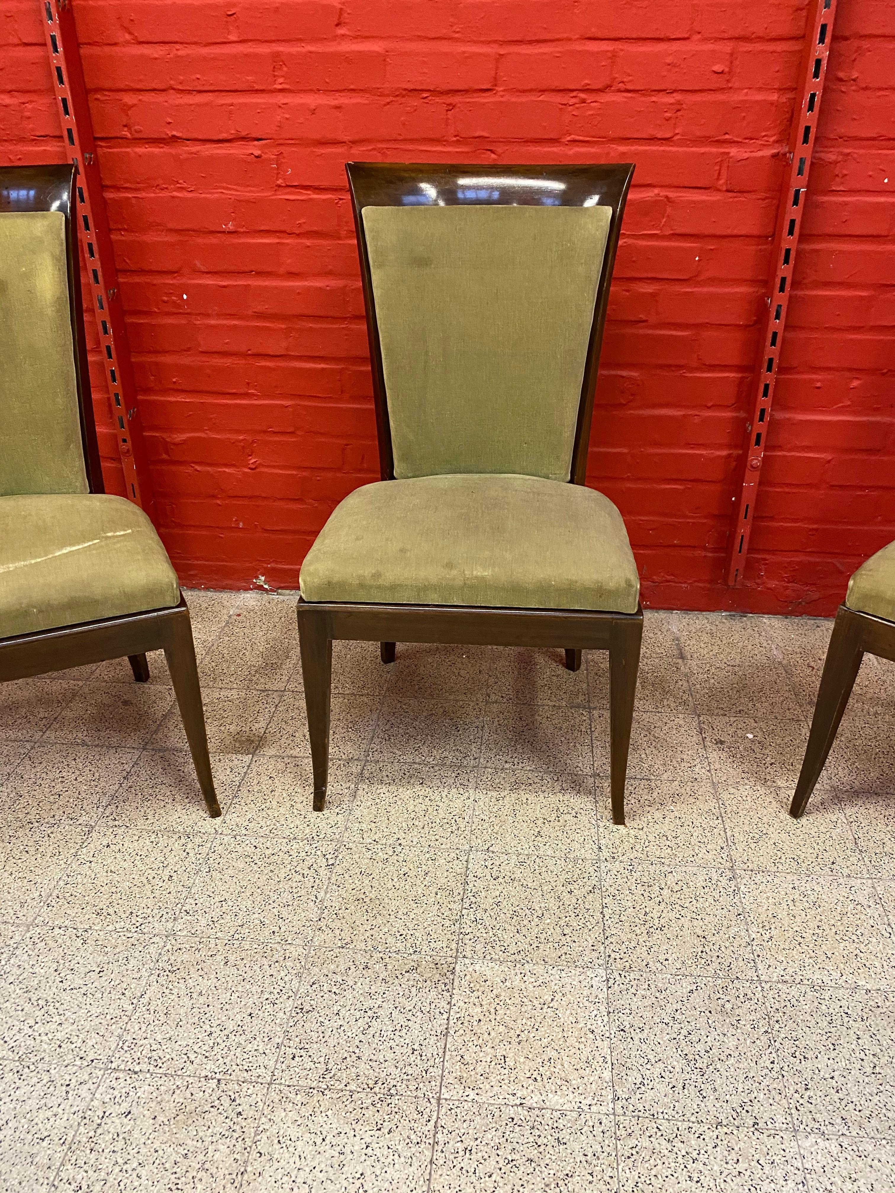 De Coene, 3 large Art Deco chairs in solid mahogany and velvet, circa 1930
small chips on 1 chair.