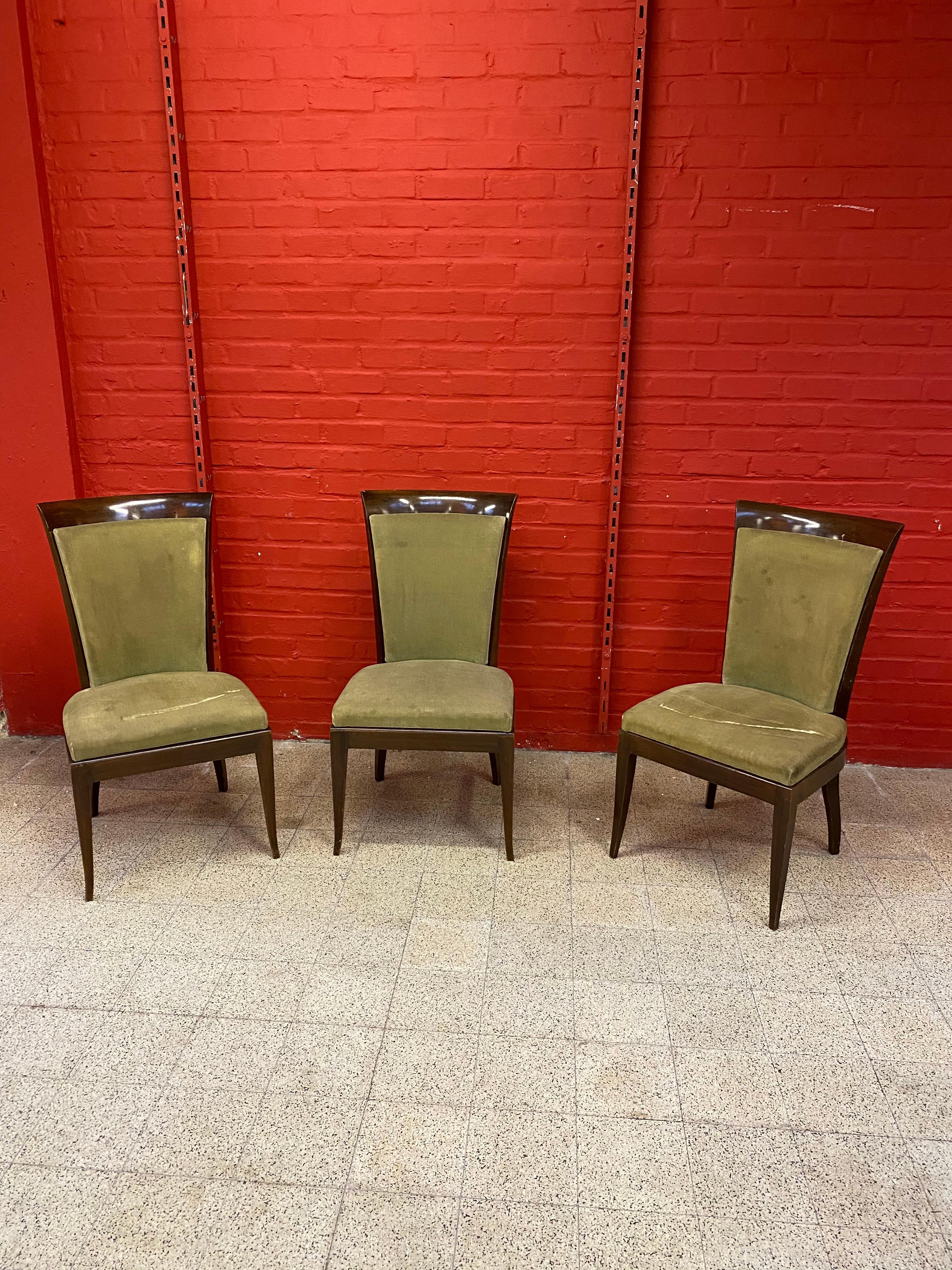 Belgian De Coene, 3 Large Art Deco Chairs in Solid Mahogany and Velvet, circa 1930 For Sale