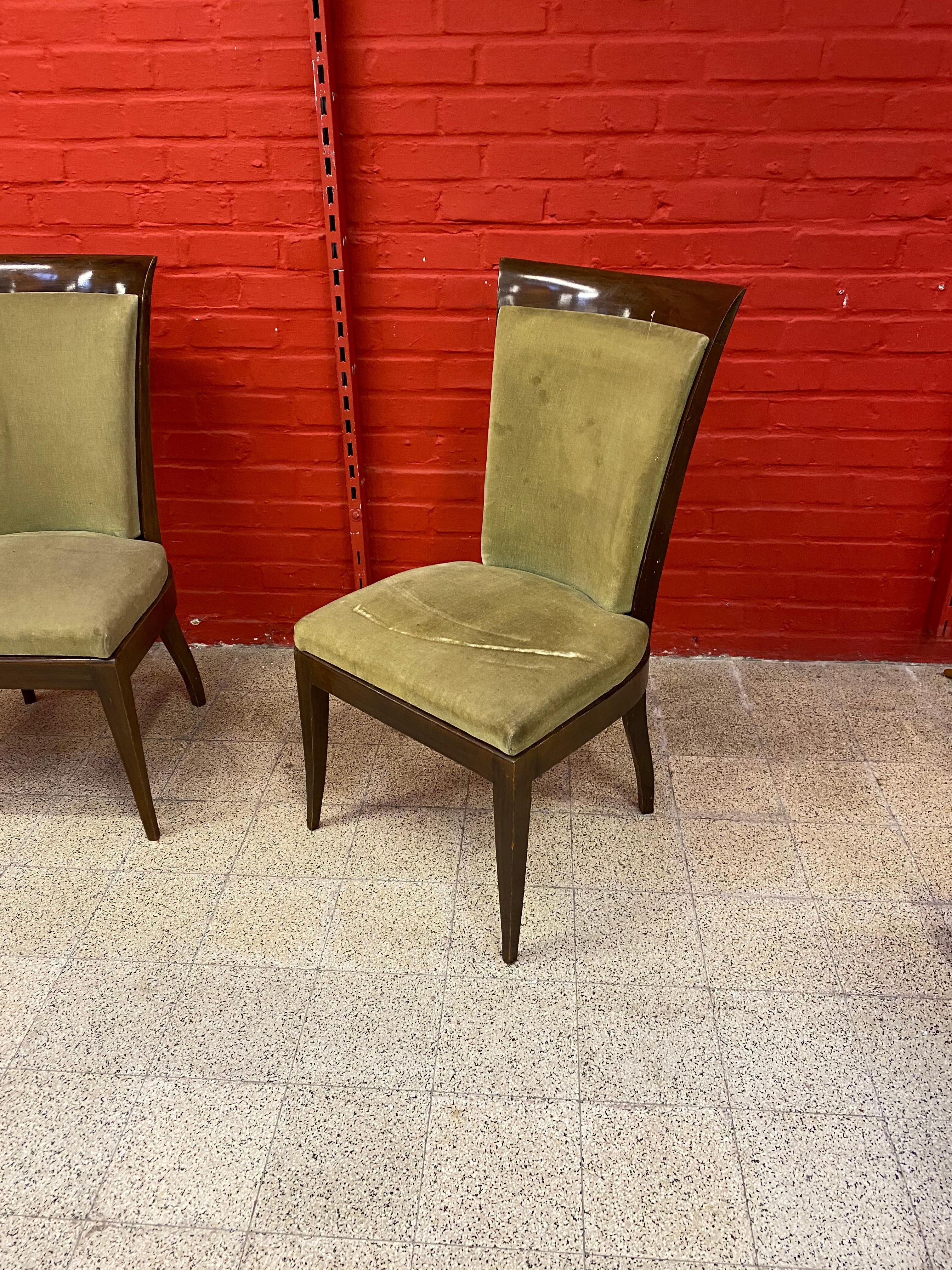 Art De Coene, 3 große Art-Déco-Stühle aus massivem Mahagoni und Samt, um 1930 (Belgisch) im Angebot