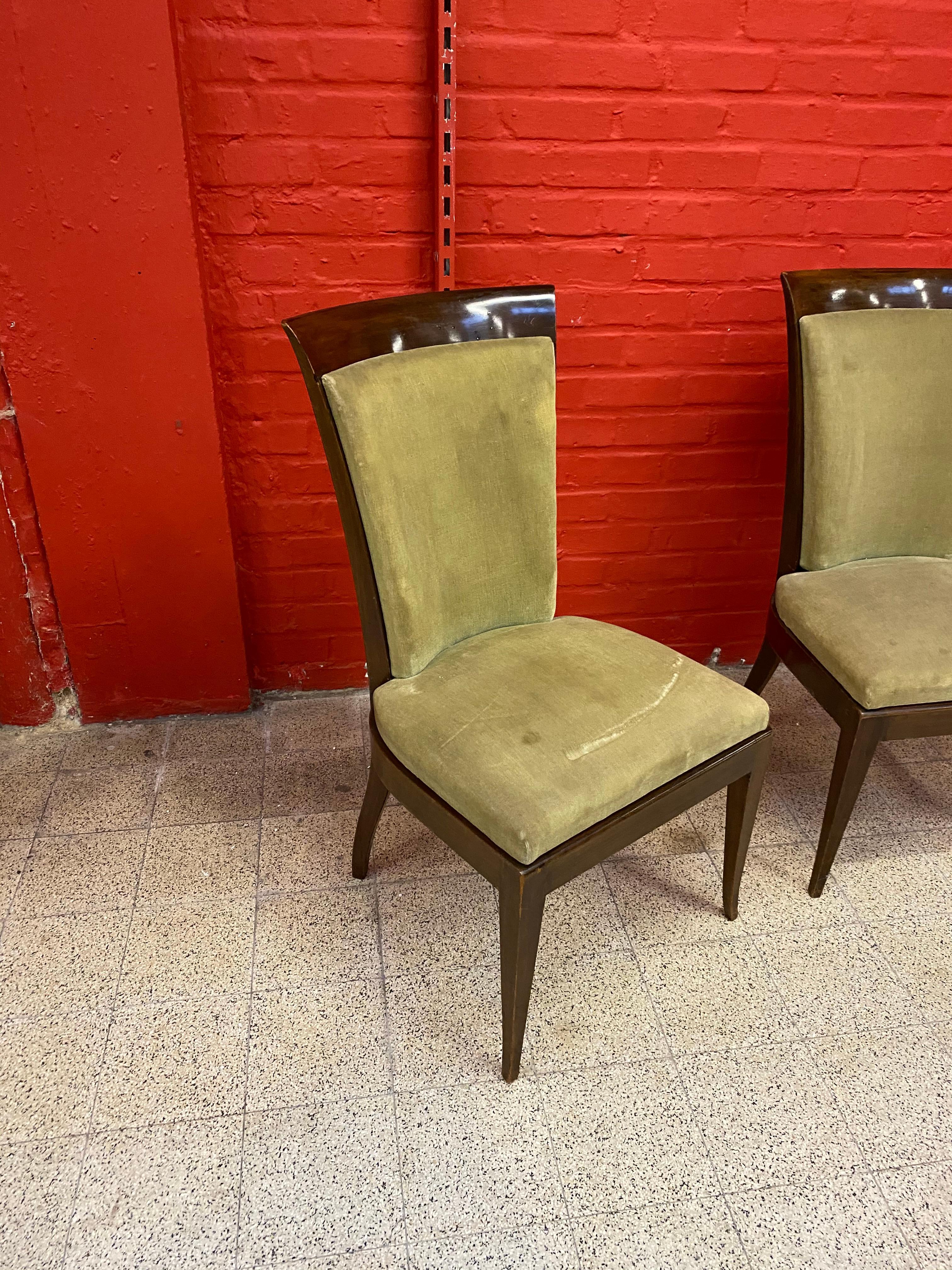 Mid-20th Century De Coene, 3 Large Art Deco Chairs in Solid Mahogany and Velvet, circa 1930 For Sale