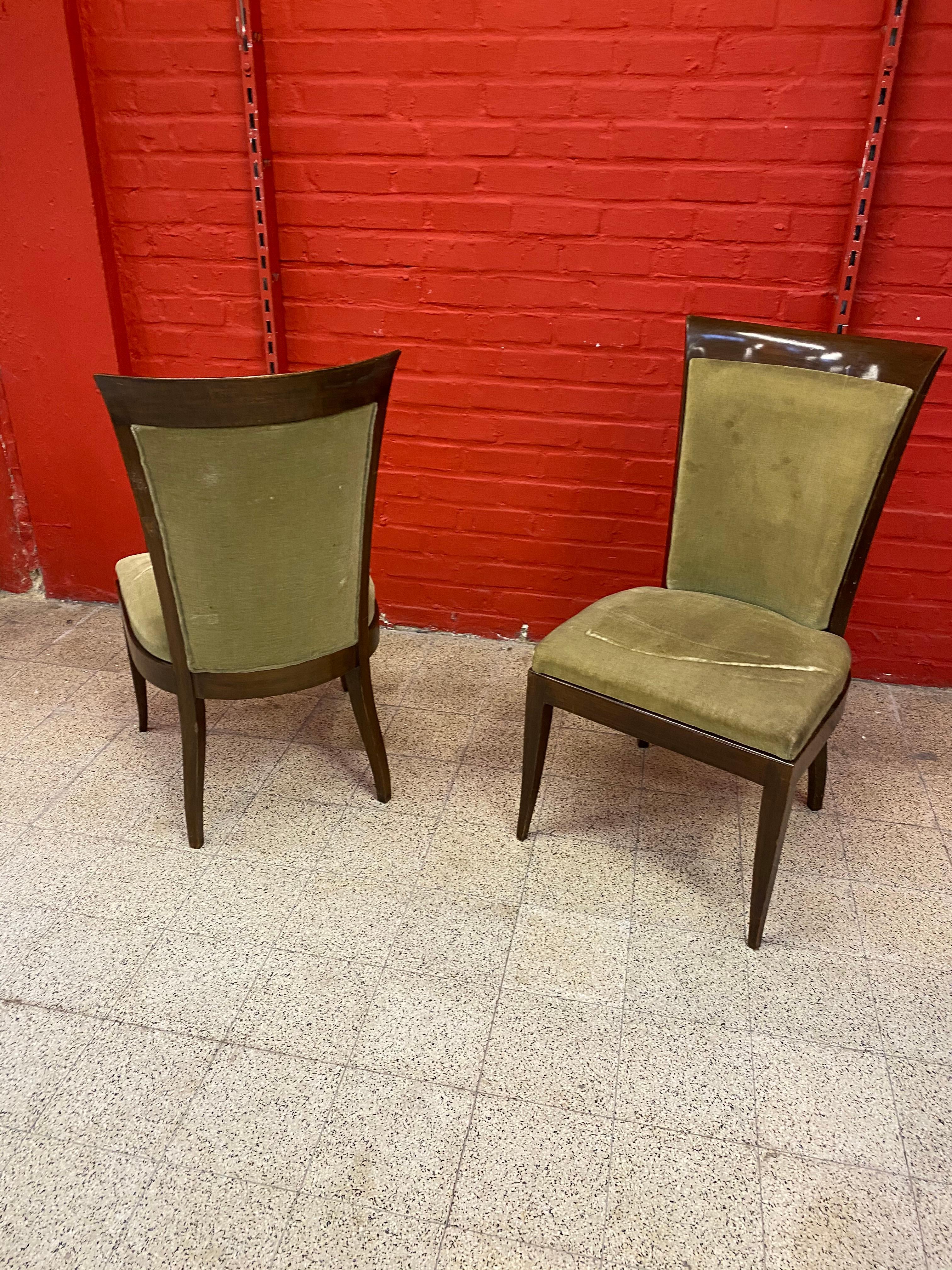 De Coene, 3 Large Art Deco Chairs in Solid Mahogany and Velvet, circa 1930 For Sale 2