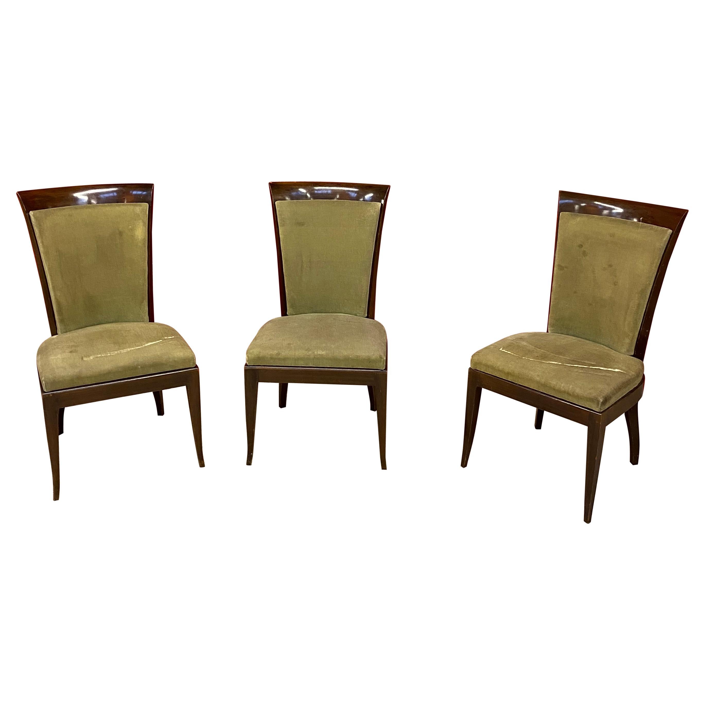De Coene, 3 Large Art Deco Chairs in Solid Mahogany and Velvet, circa 1930