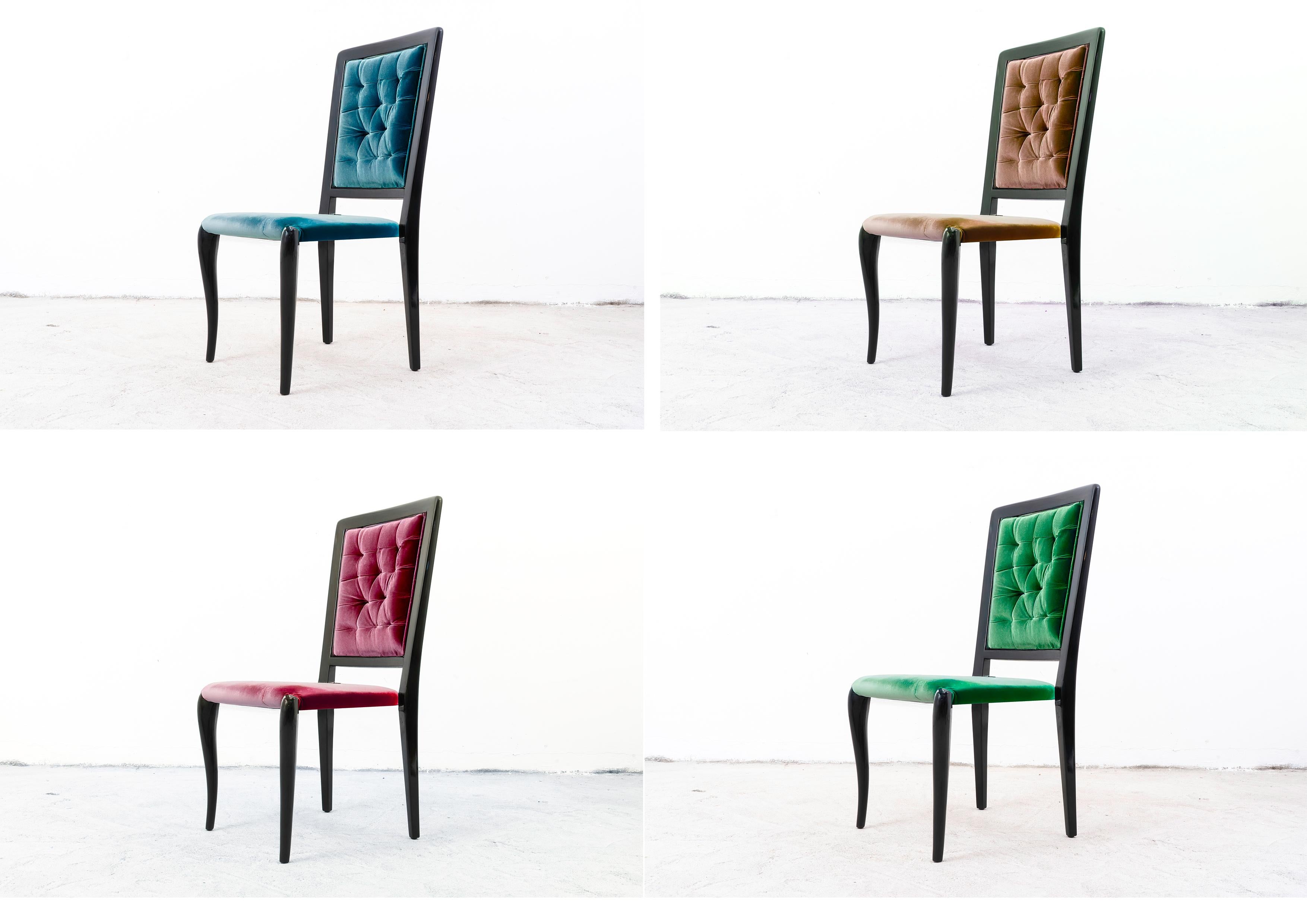 This exquisite set of ten Art Deco dining chairs, crafted by the renowned Belgian firm De Coene in the 1940s, embodies the elegant geometric lines and luxurious craftsmanship that defined the era’s design movement. Each chair showcases a refined