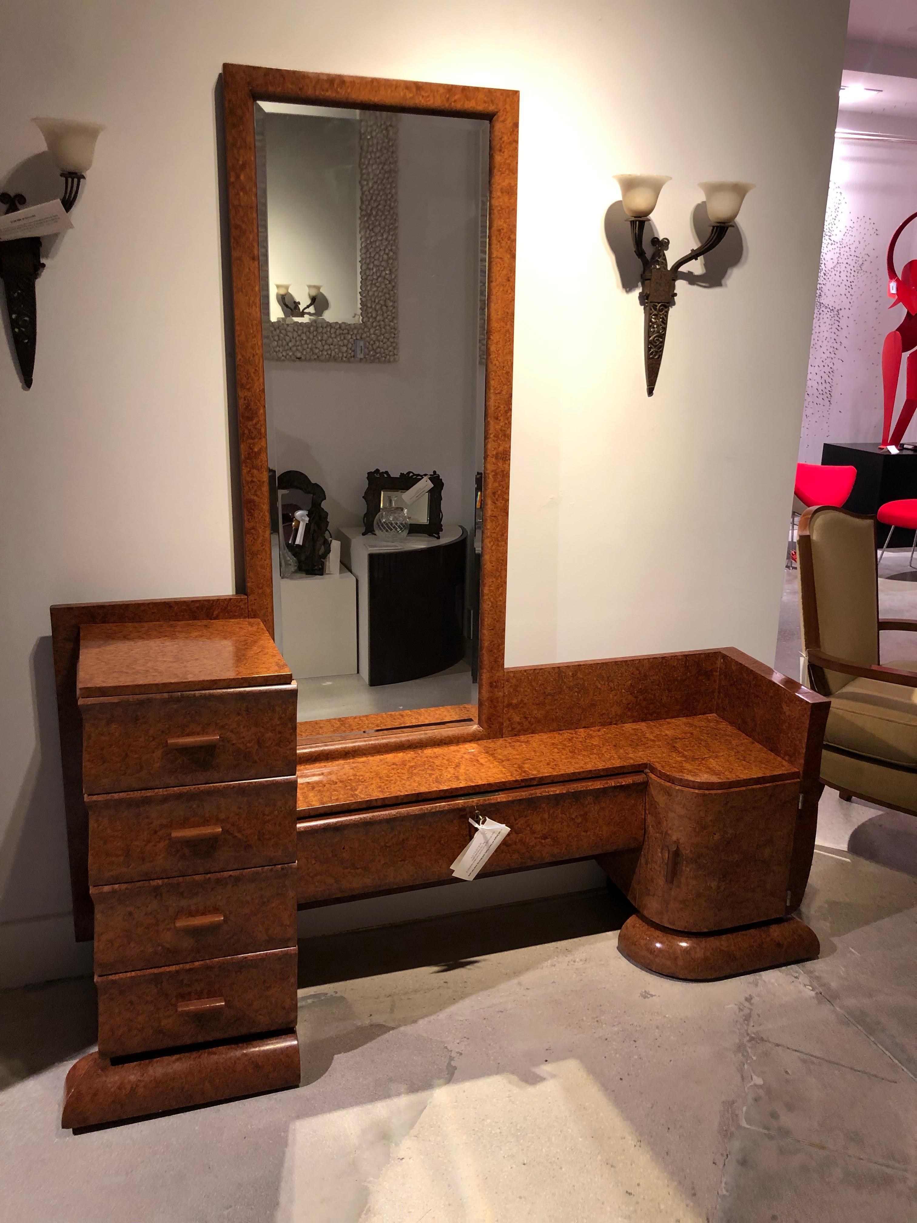 A De Coene Belgian Art Deco vanity and mirror of rare Moroccan thuya wood.