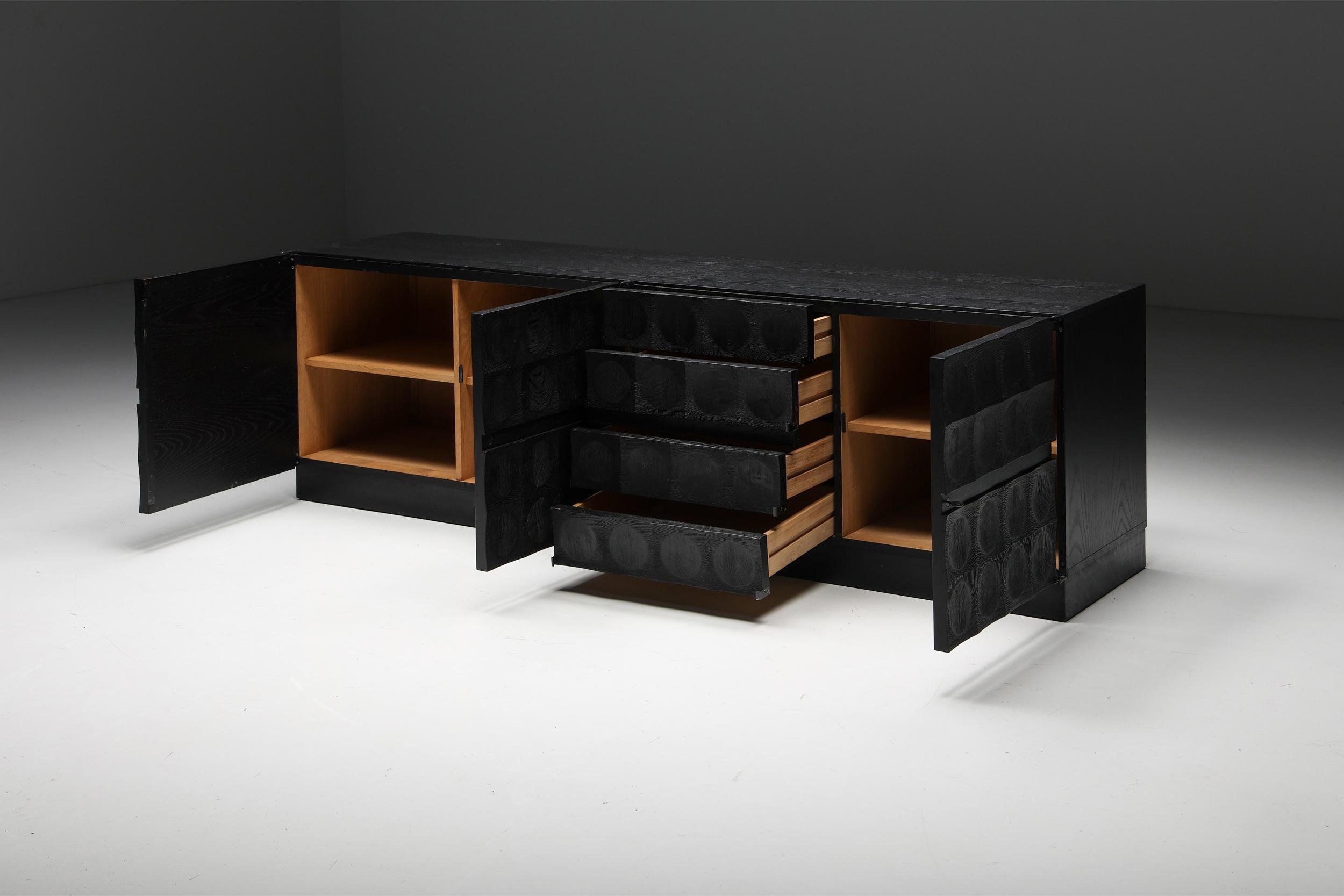 Belgian De Coene Brutalist Stained Oak Sideboard with Circular Patterned Doors, 1970s