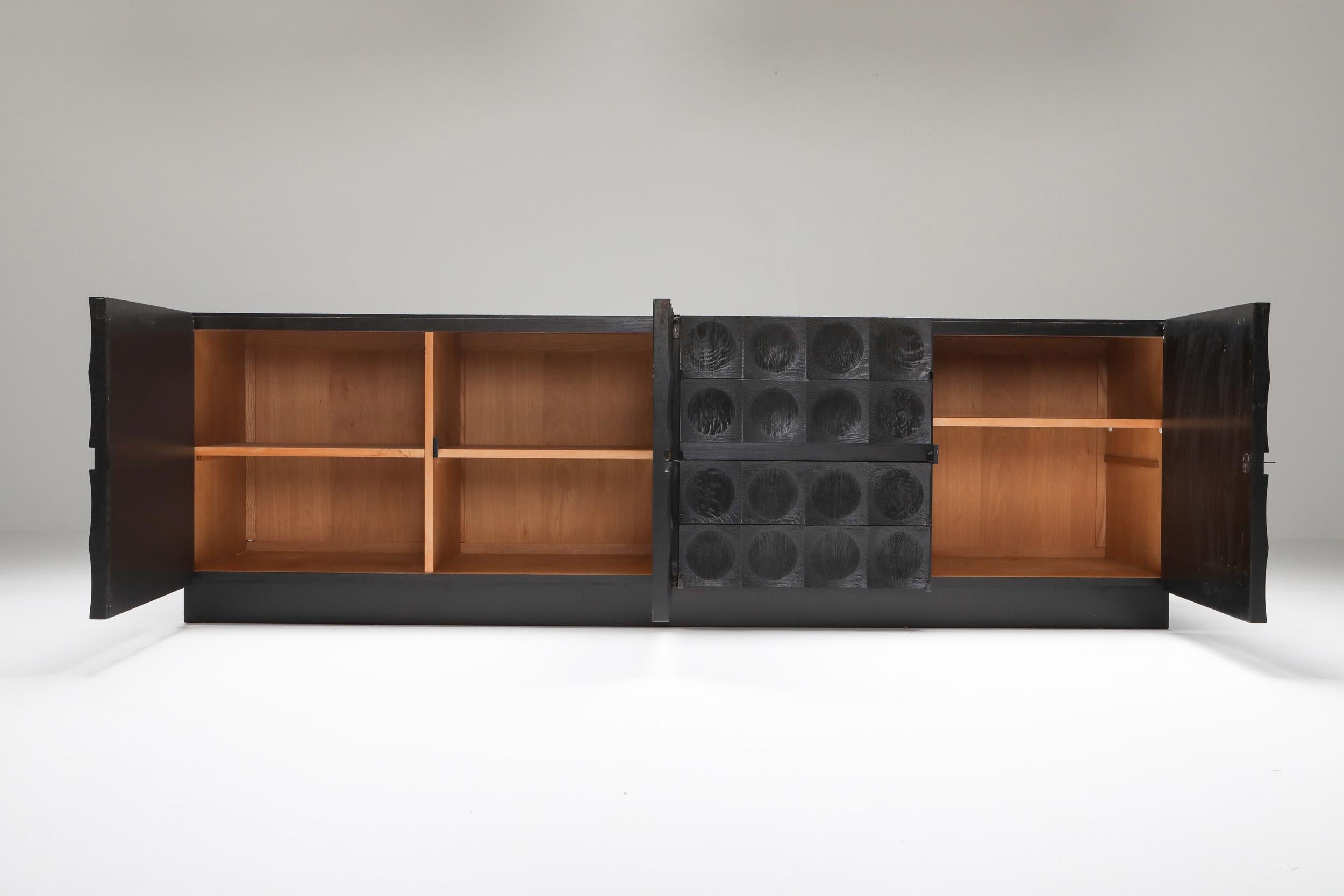 20th Century De Coene Brutalist Stained Oak Sideboard with Circular Patterned Doors