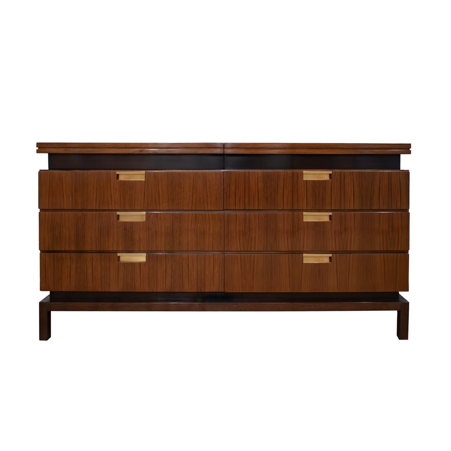 Beautifully crafted chest of drawers with sliding vanity compartment on the left and lift up storage compartment on the right in walnut with dark palmwood bases and bronze pulls by De Coene Frères , Belgium 1960's. The vanity compartment is pulled