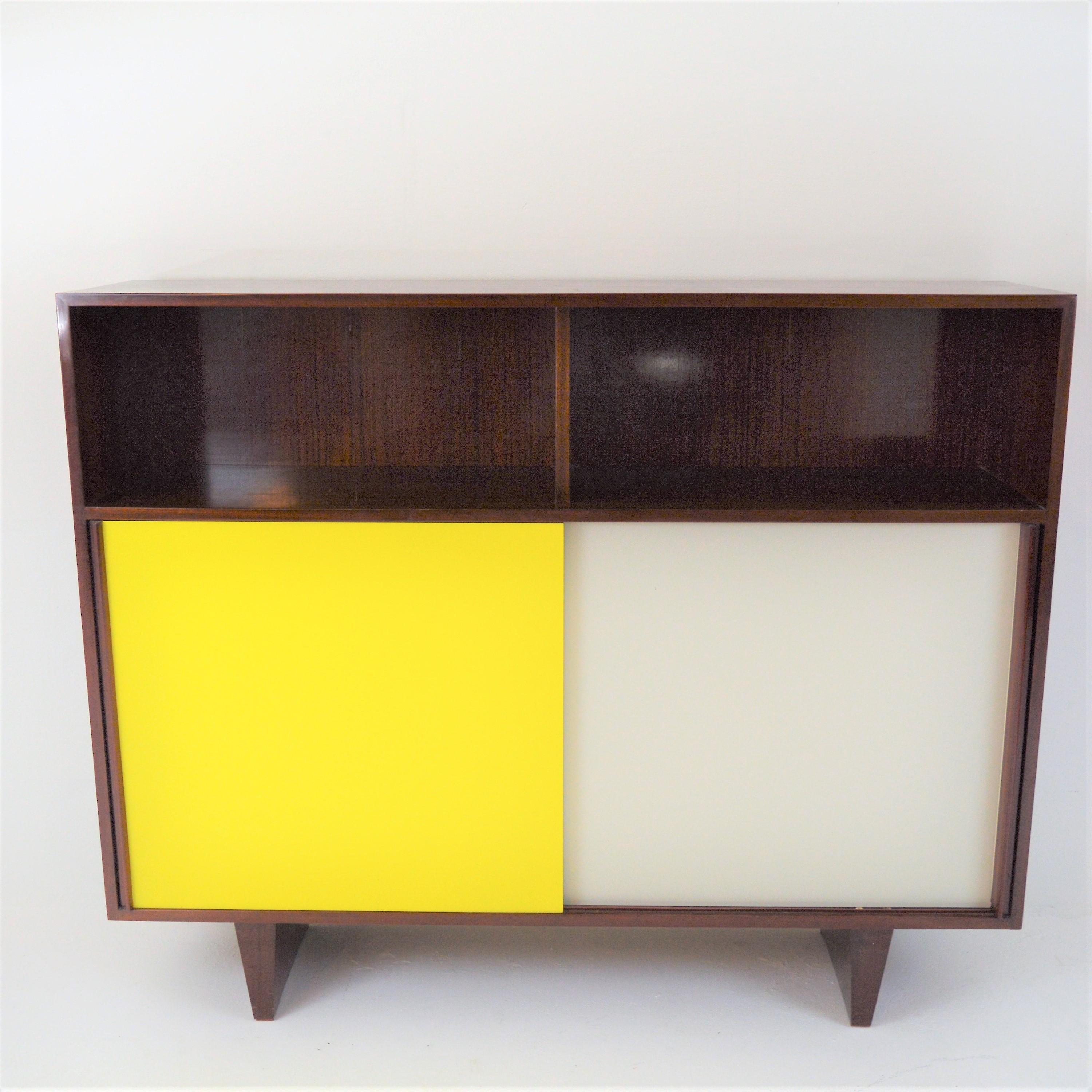 Mid-Century Modern De Coene Mahogany Cabinet with Bookcase and Collored Sliding-Doors