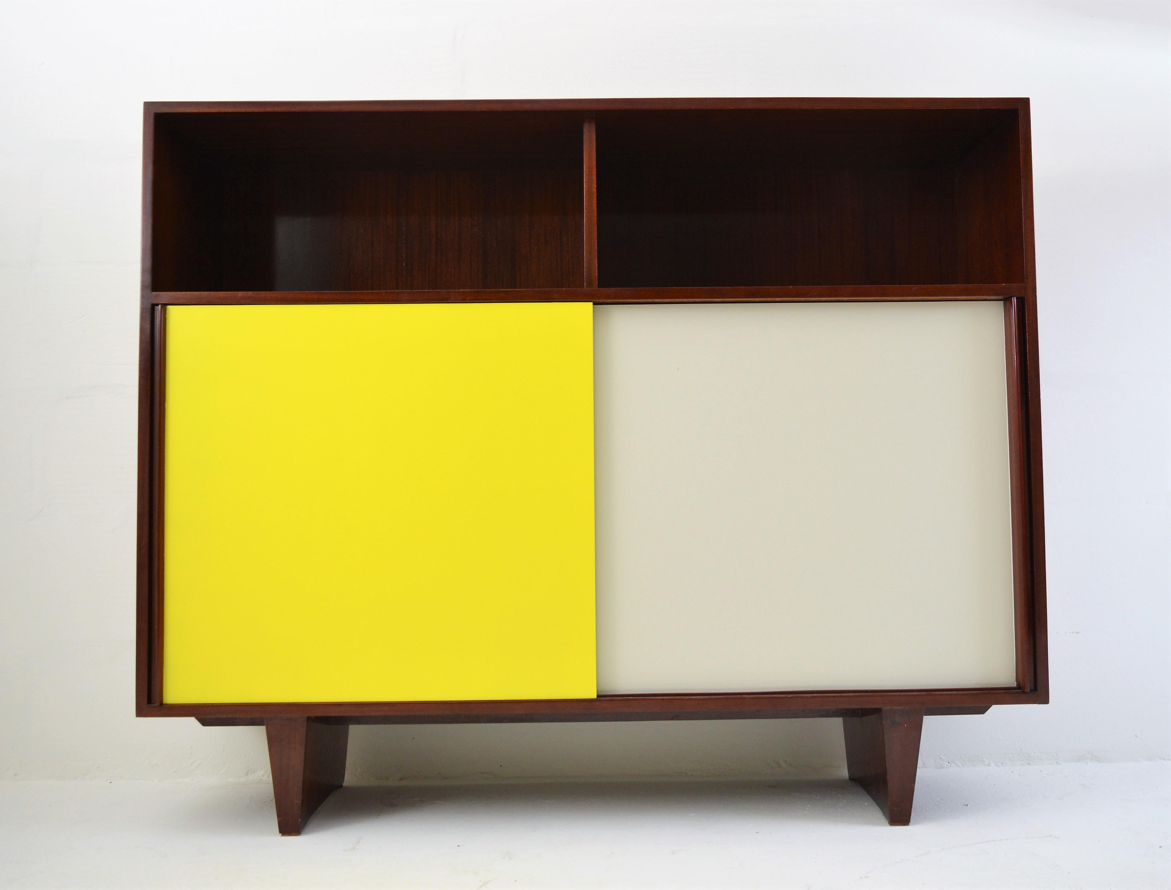 Lacquered De Coene Mahogany Cabinet with Bookcase and Collored Sliding-Doors