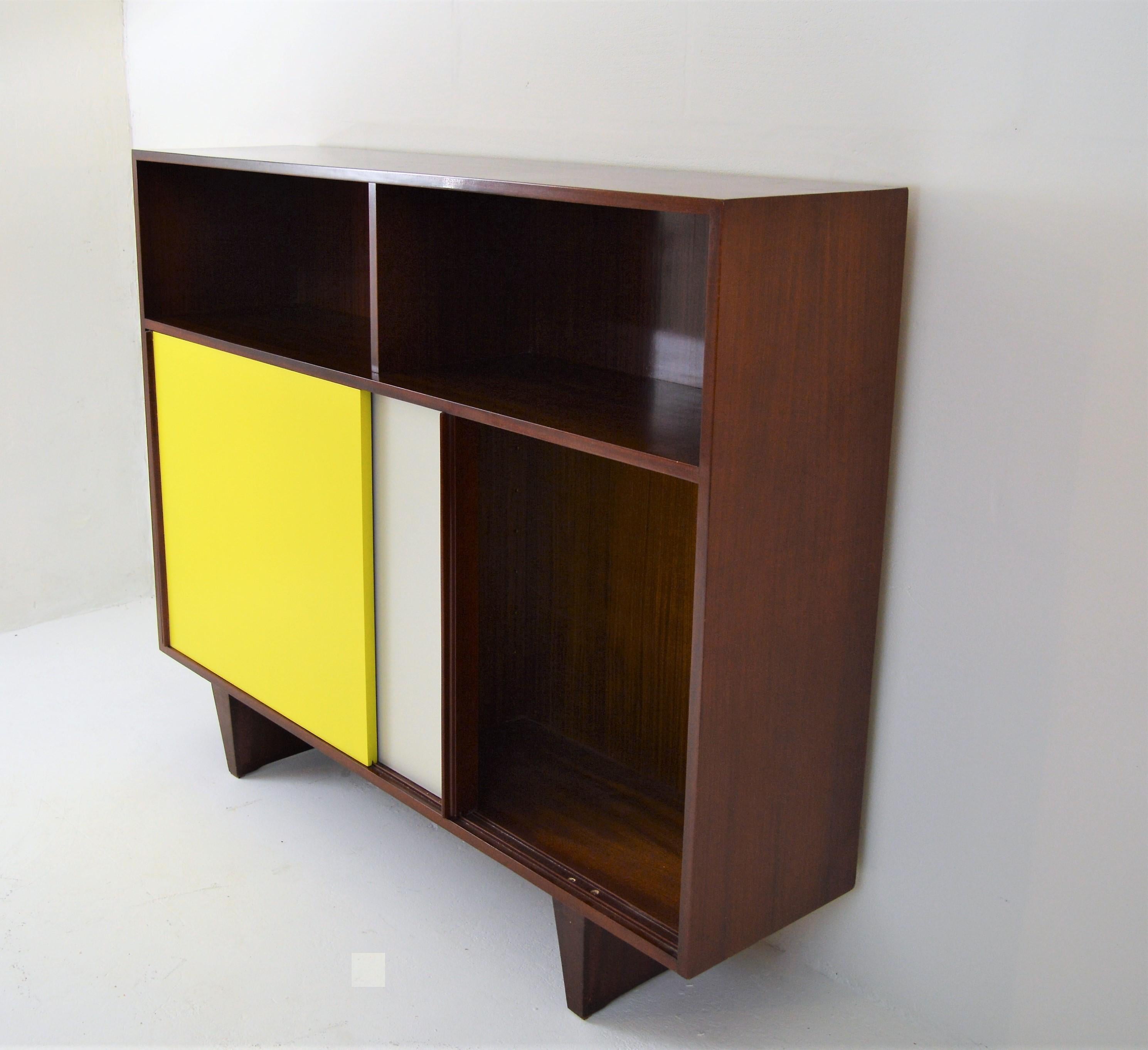 De Coene Mahogany Cabinet with Bookcase and Collored Sliding-Doors 1