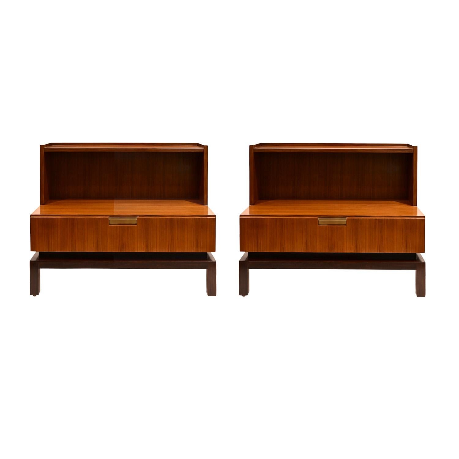 Pair of tailored bedside tables in walnut with dark palmwood bases and bronze pulls by De Coene Freres, Belgium 1960's. These are beautifully crafted and proportioned. The backs are completely finished.