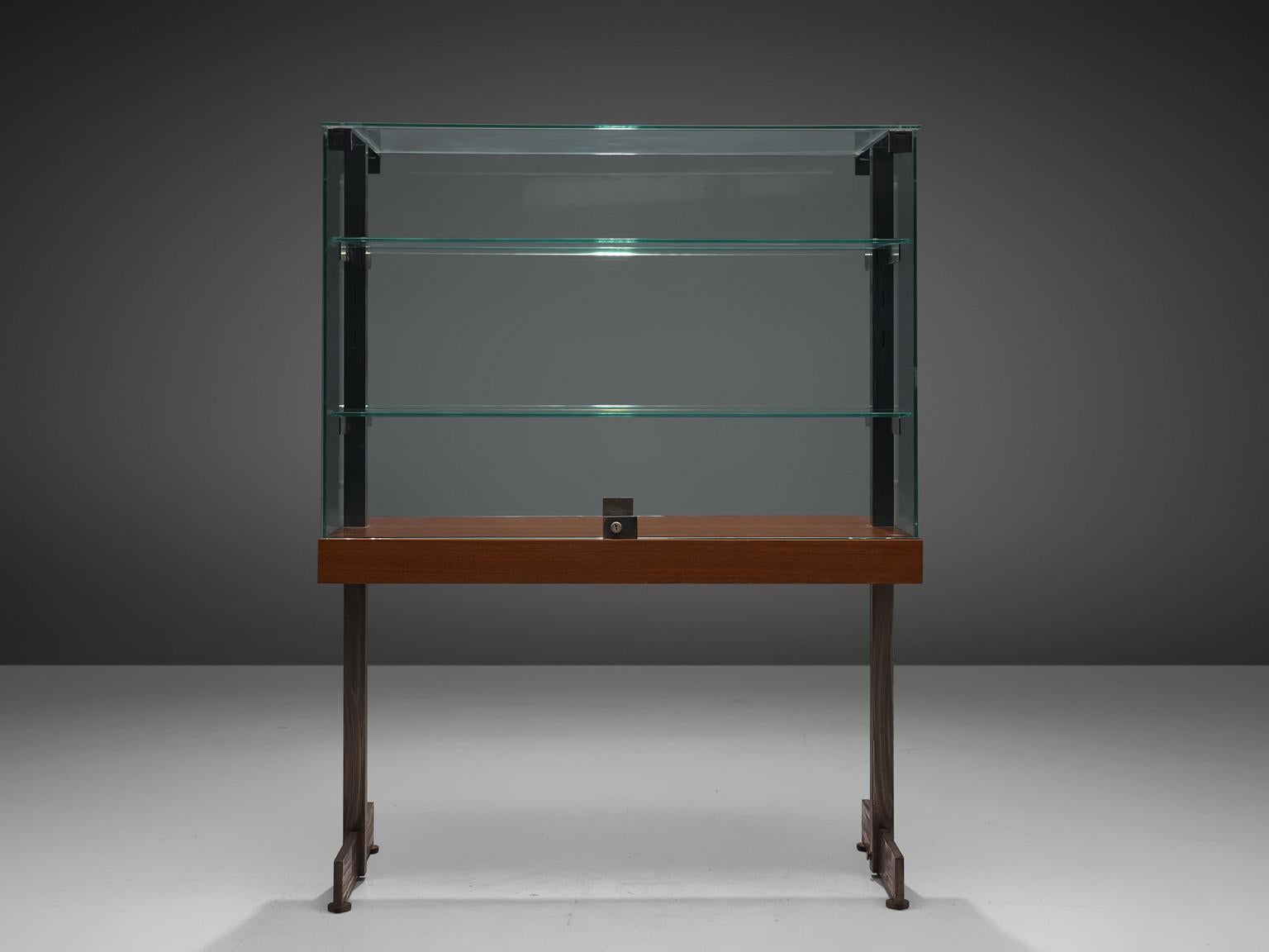 Mid-20th Century De Coene Showcases in Glass, Steel and Teak For Sale