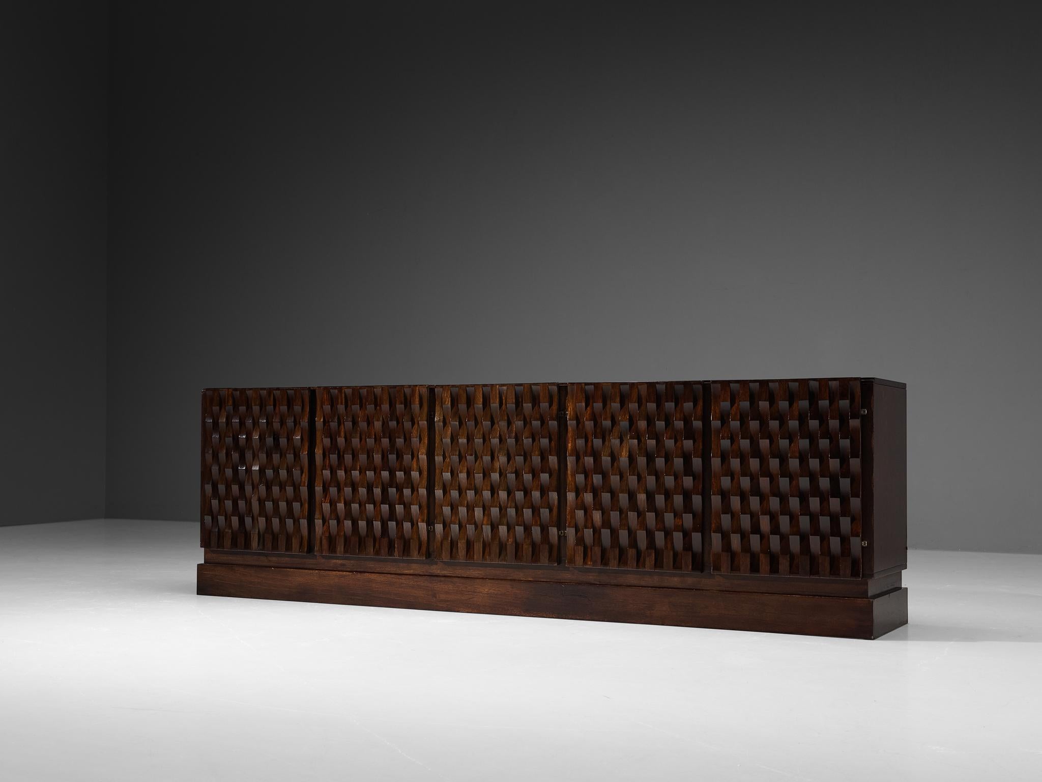 De Coene, sideboard or credenza, stained oak, interior oak, Belgium, 1970s.

This very evocative sideboard by De Coene features a clear rhythm and flow established by means of a well thought through lay out that is utterly well-balanced. The