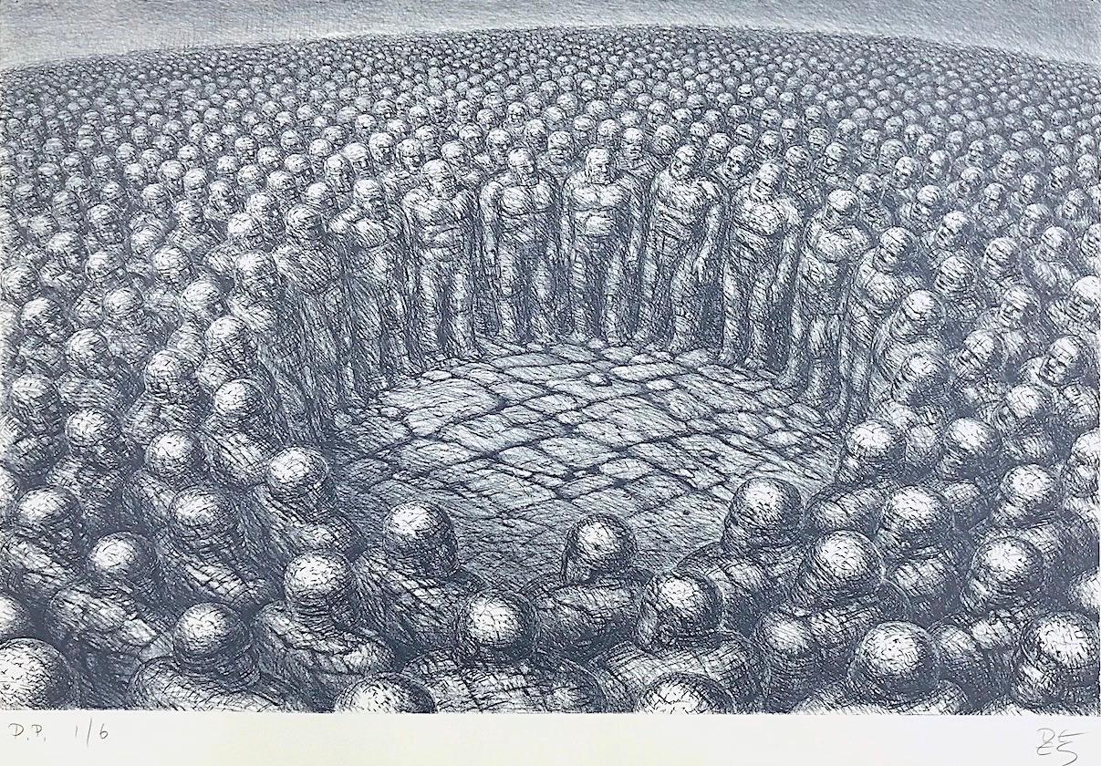 CENTRO DI ATTENZIONE Litografia firmata, Paesaggio fantascientifico, Cerchio di uomini di pietra - Landscape Print Grigio di De Es Schwertberger