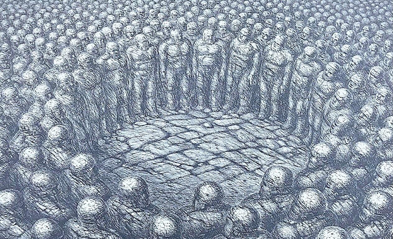 CENTRO DI ATTENZIONE Litografia firmata, Paesaggio fantascientifico, Cerchio di uomini di pietra - Print Surrealismo di De Es Schwertberger