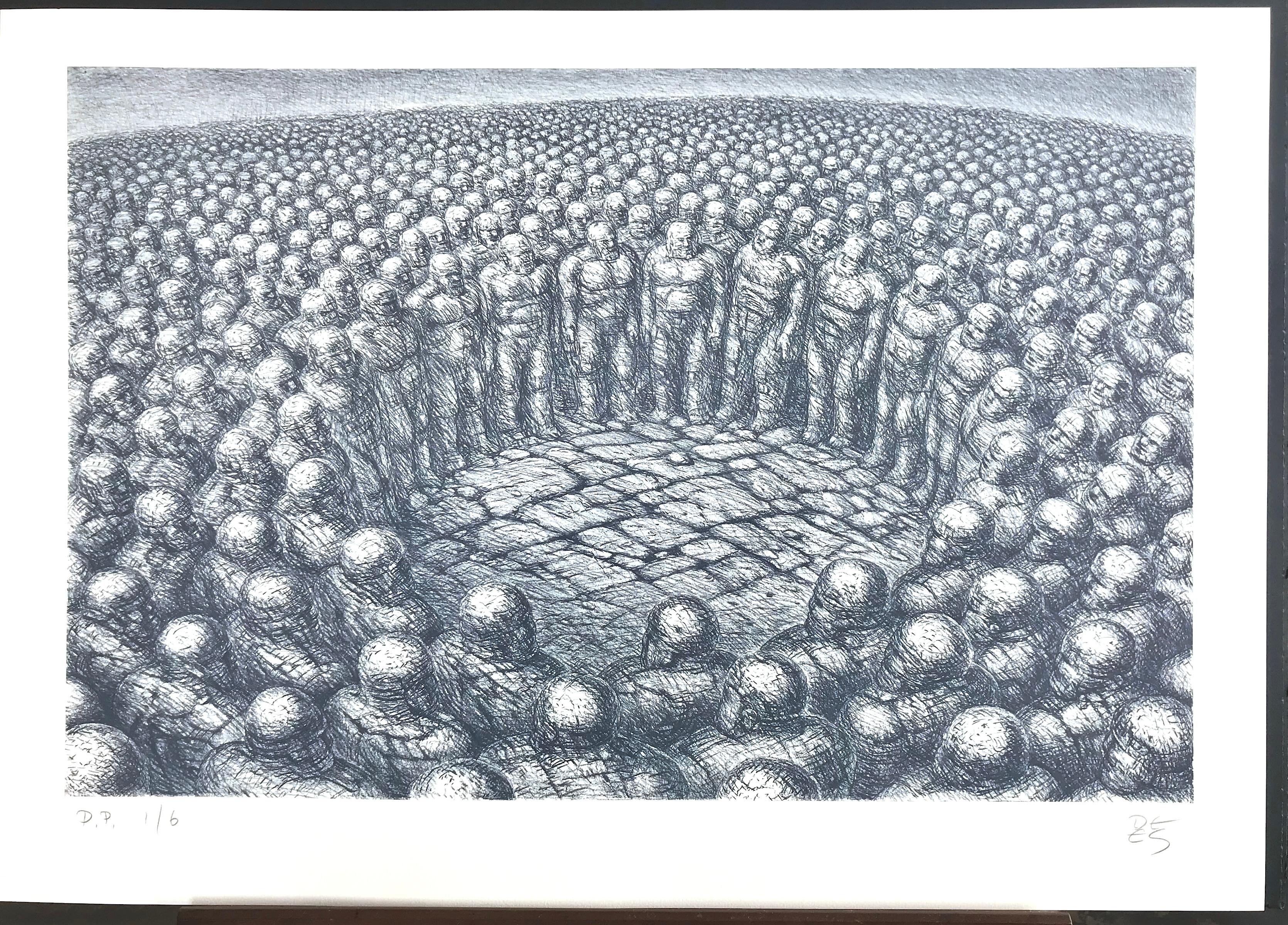 CENTER OF ATTENTION Signed Lithograph, Sci-Fi Landscape, Stone Men Circle For Sale 2