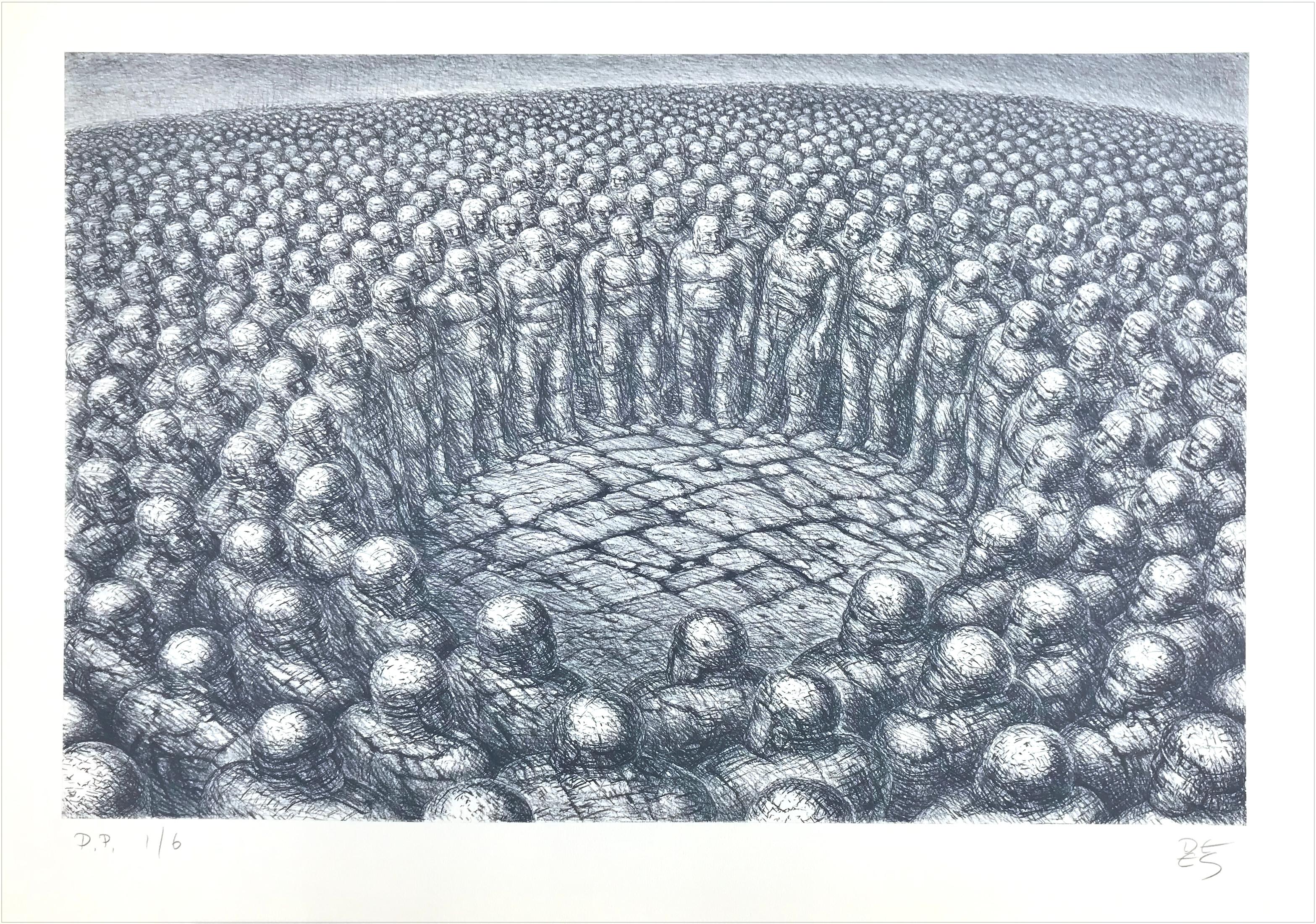 CENTER OF ATTENTION Signierte Lithographie, Sci-Fi-Landschaft, Stein-Herrenkreis
