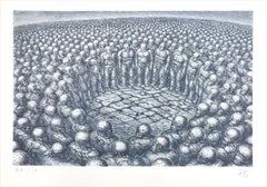 CENTER OF ATTENTION Signierte Lithographie, Sci-Fi-Landschaft, Stein-Herrenkreis