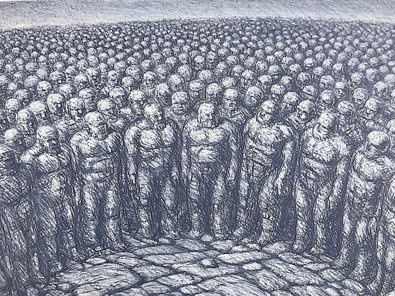 CENTER OF ATTENTION Signed Lithograph, Surreal Figurative Drawing, Crowd Circle - Print by De Es Schwertberger