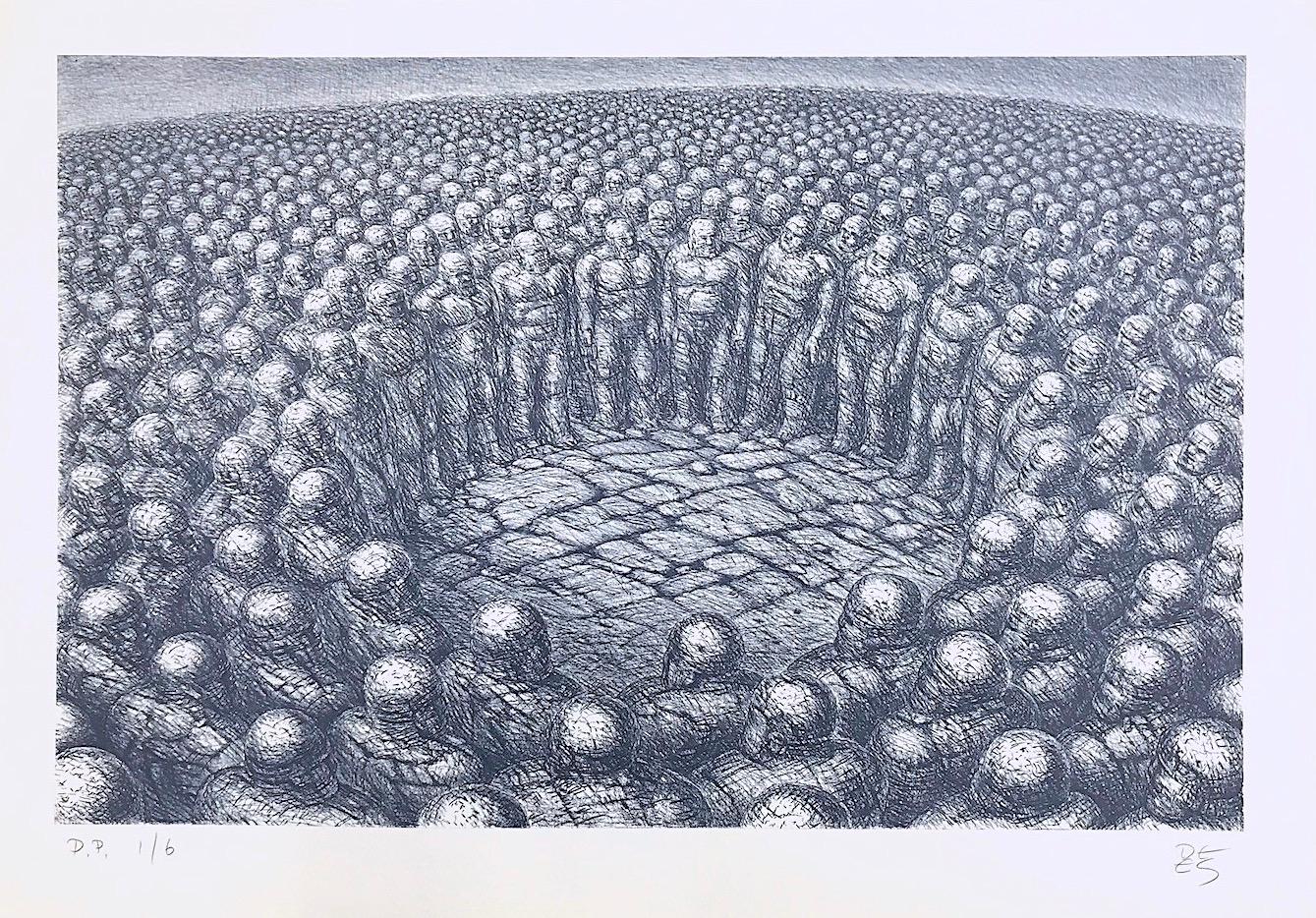 De Es Schwertberger Figurative Print - CENTER OF ATTENTION Signed Lithograph, Surreal Figurative Drawing, Crowd Circle