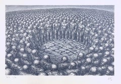 CENTER OF ATTENTION Signed Lithograph, Surreal Figurative Drawing, Crowd Circle