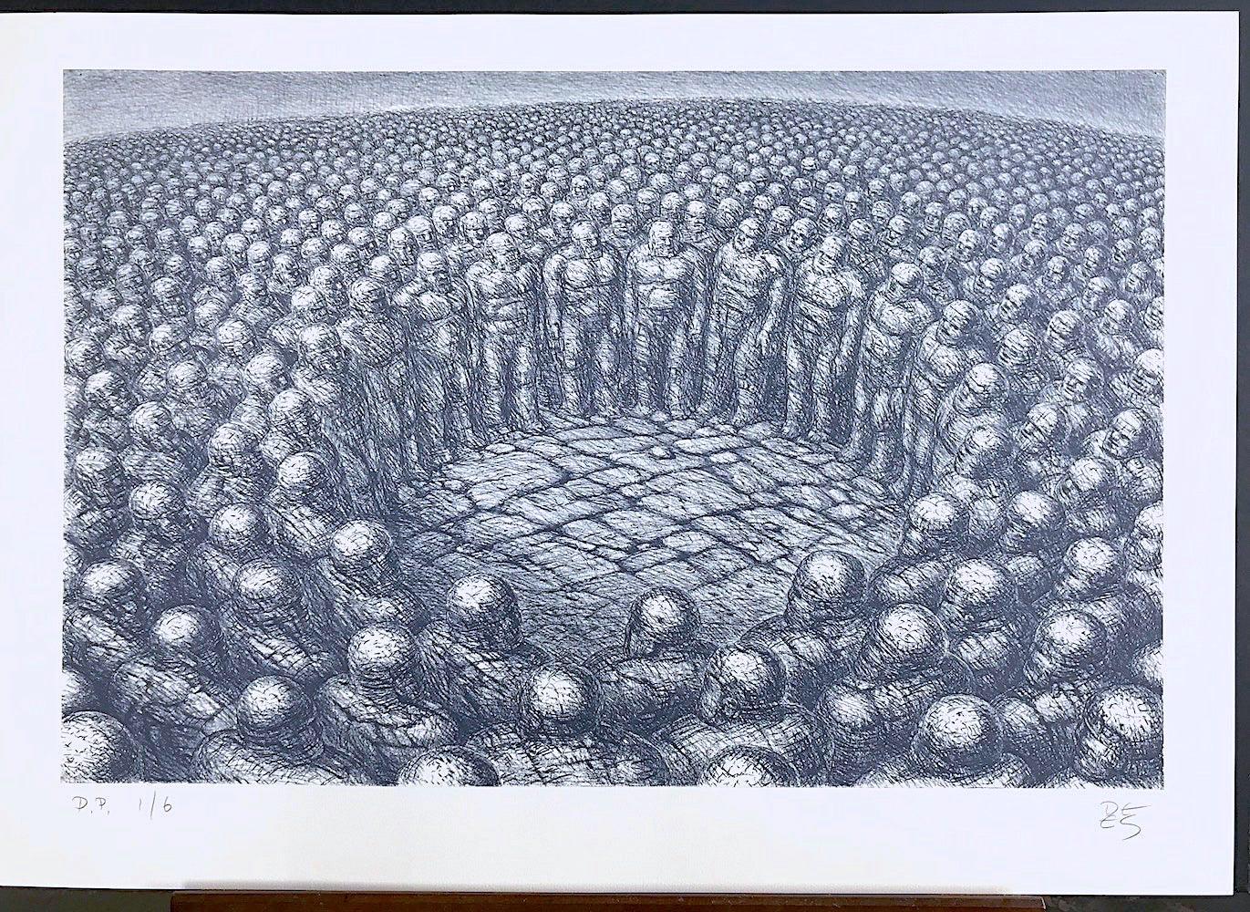 CENTER OF ATTENTION Signed Lithograph, Surreal Figurative Drawing, Crowd Circle - Surrealist Print by De Es Schwertberger