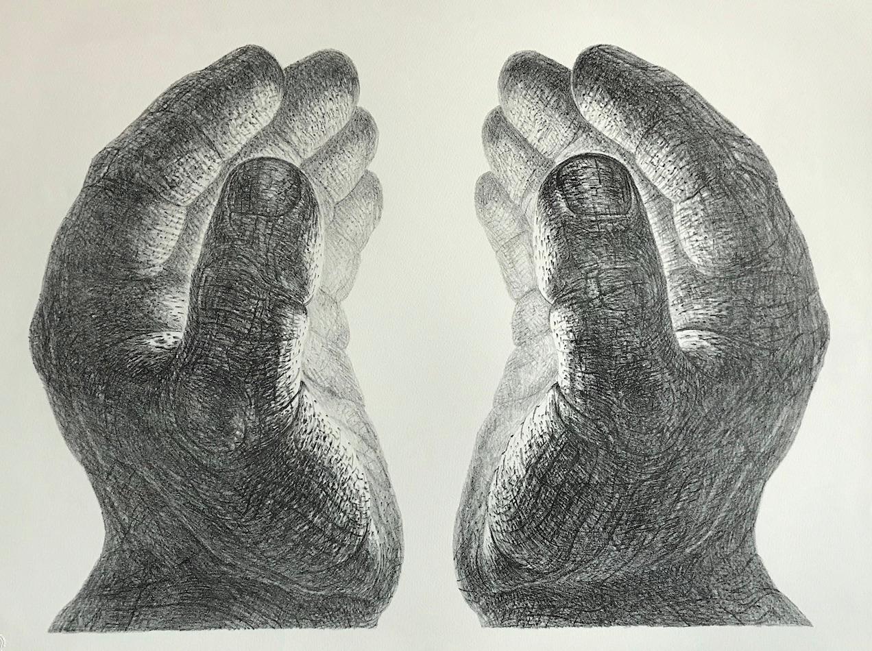 CREATION Hand Drawn Lithograph, Cupped Pair of Hands, Light Glow, Meditation - Print by De Es Schwertberger