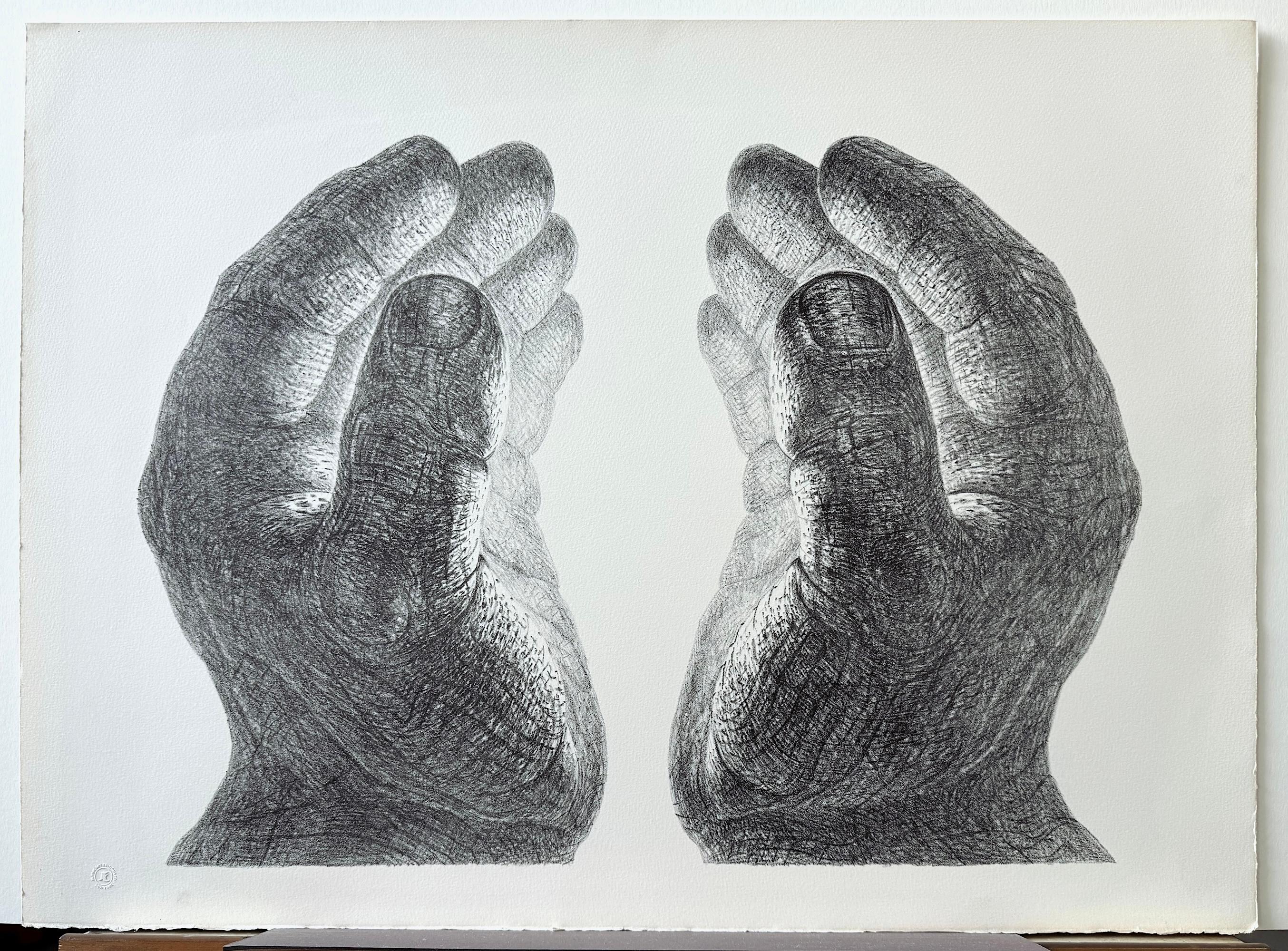 Création - Lithographie dessinée à la main, paire de mains découpées, éclat de lumière, méditation - Print de De Es Schwertberger