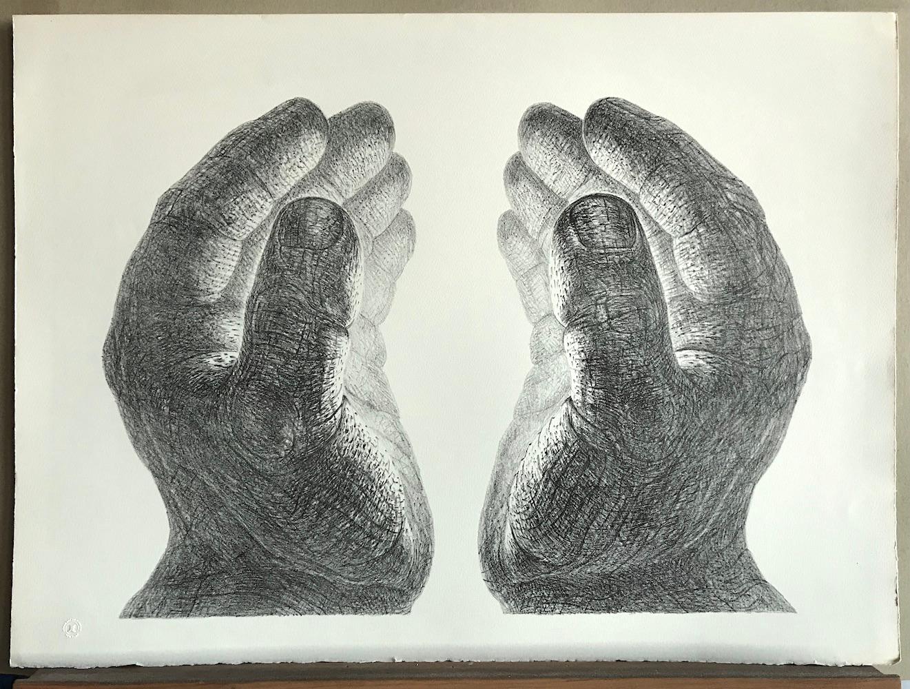 CREATION Hand Drawn Lithograph, Cupped Pair of Hands, Light Glow, Meditation - Surrealist Print by De Es Schwertberger