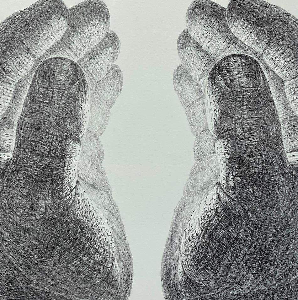 CREAZIONE Litografia disegnata a mano, Mani a coppa, bagliore di luce, meditazione - Print Surrealismo di De Es Schwertberger
