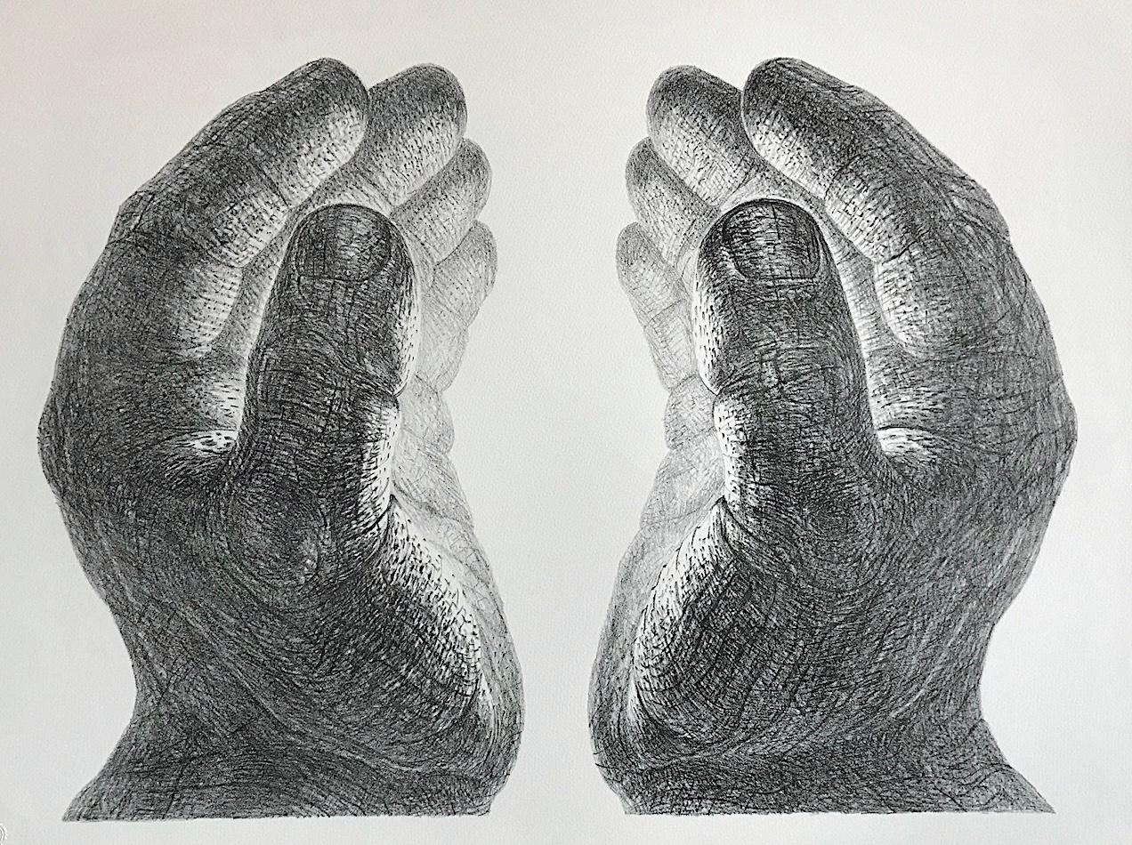 CREATION Hand Drawn Lithograph, Cupped Pair of Hands, Light Glow, Meditation - Surrealist Print by De Es Schwertberger