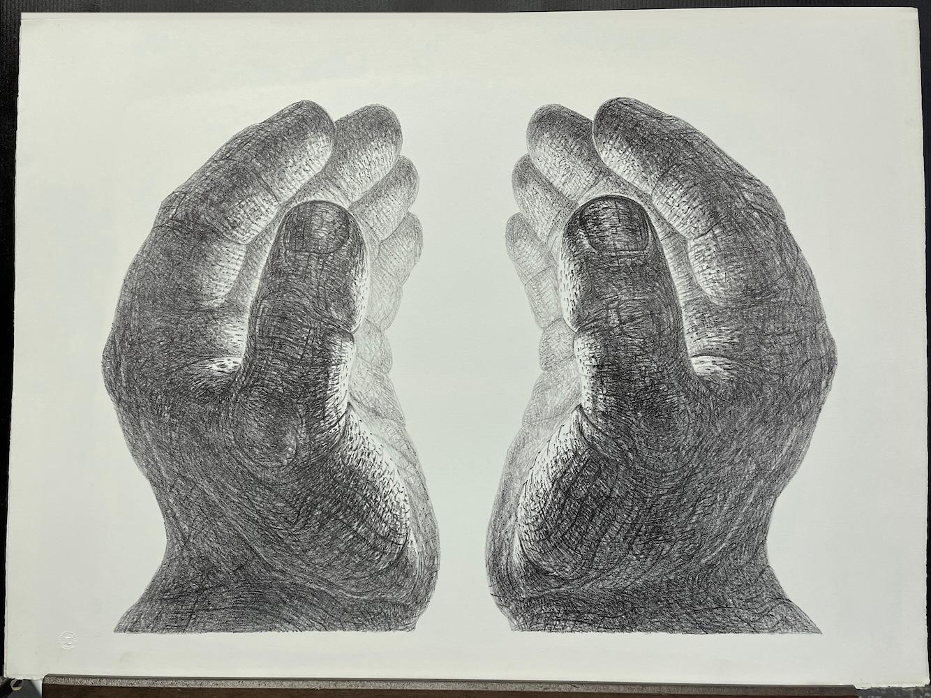 CREAZIONE Litografia disegnata a mano, Mani a coppa, bagliore di luce, meditazione in vendita 1