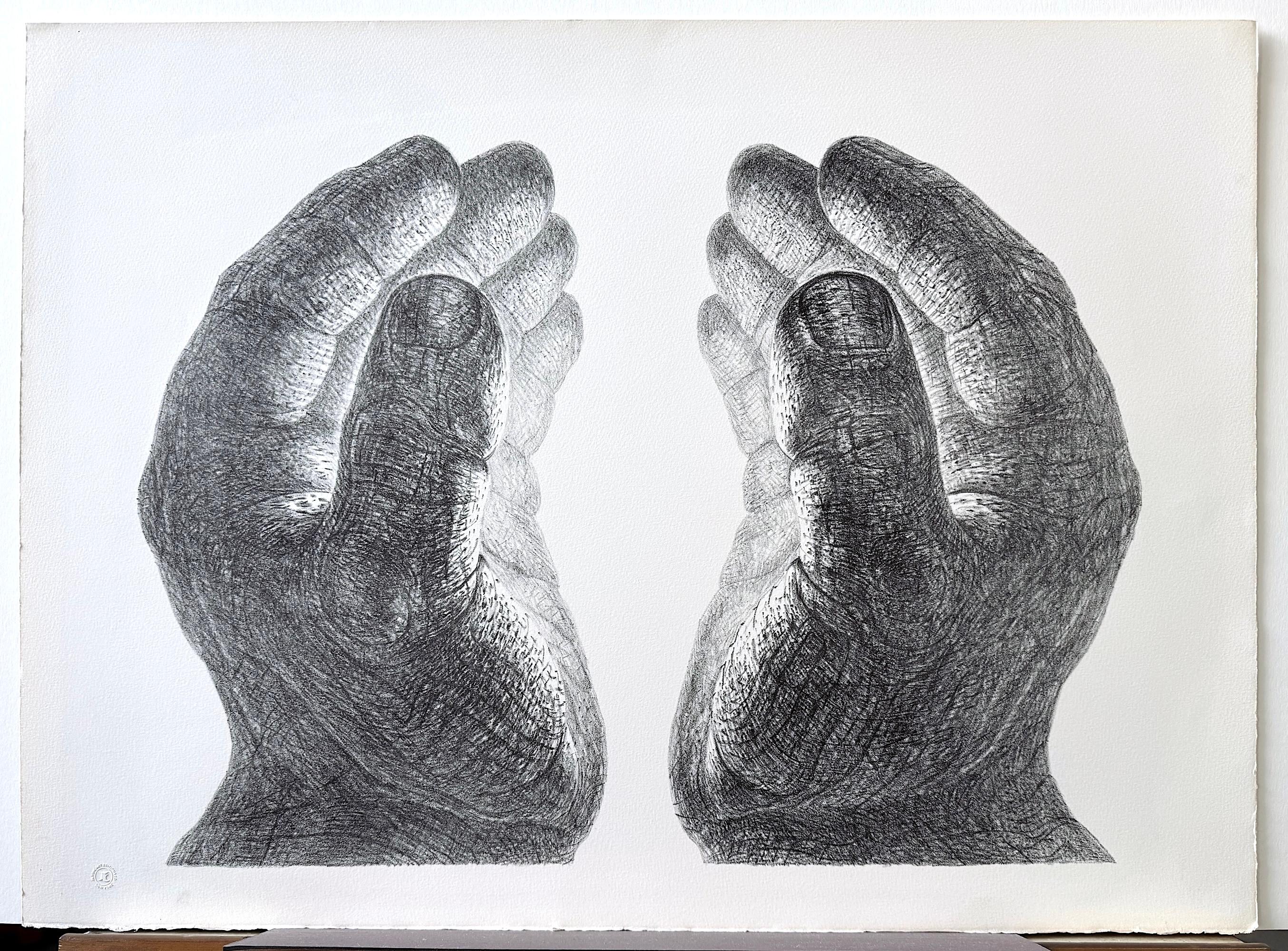 CREATION Hand Drawn Lithograph, Cupped Pair of Hands, Light Glow, Meditation For Sale 2