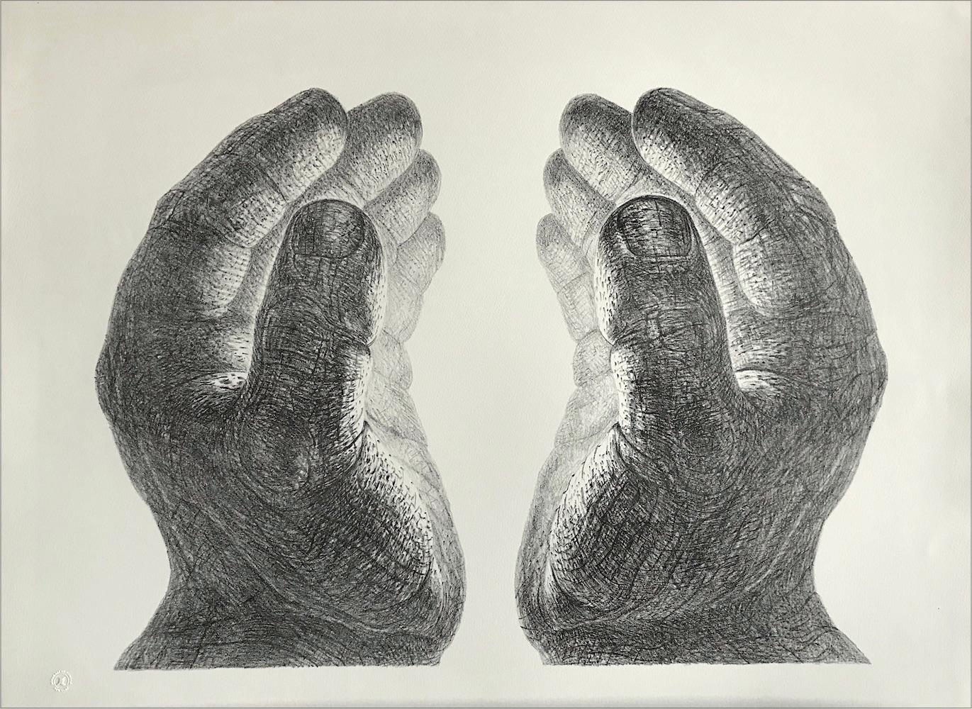 De Es Schwertberger Figurative Print - CREATION Hand Drawn Lithograph, Cupped Pair of Hands, Light Glow, Meditation