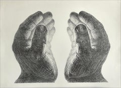 CREATION Hand Drawn Lithograph, Cupped Pair of Hands, Light Glow, Meditation