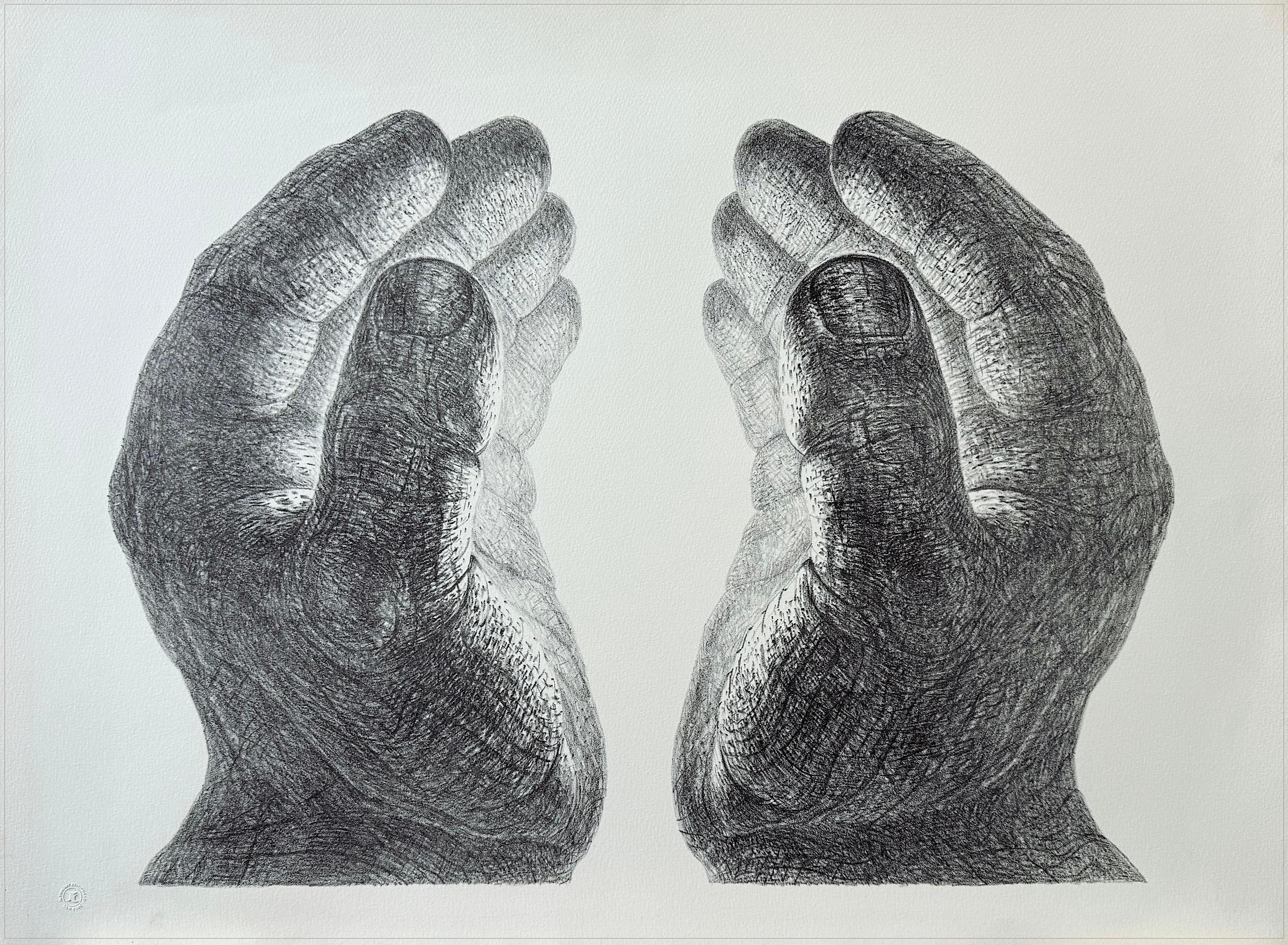CREATION Hand Drawn Lithograph, Cupped Pair of Hands, Light Glow, Meditation