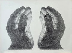 CREACIÓN Litografía dibujada a mano, par de manos ahuecadas, resplandor de luz, meditación