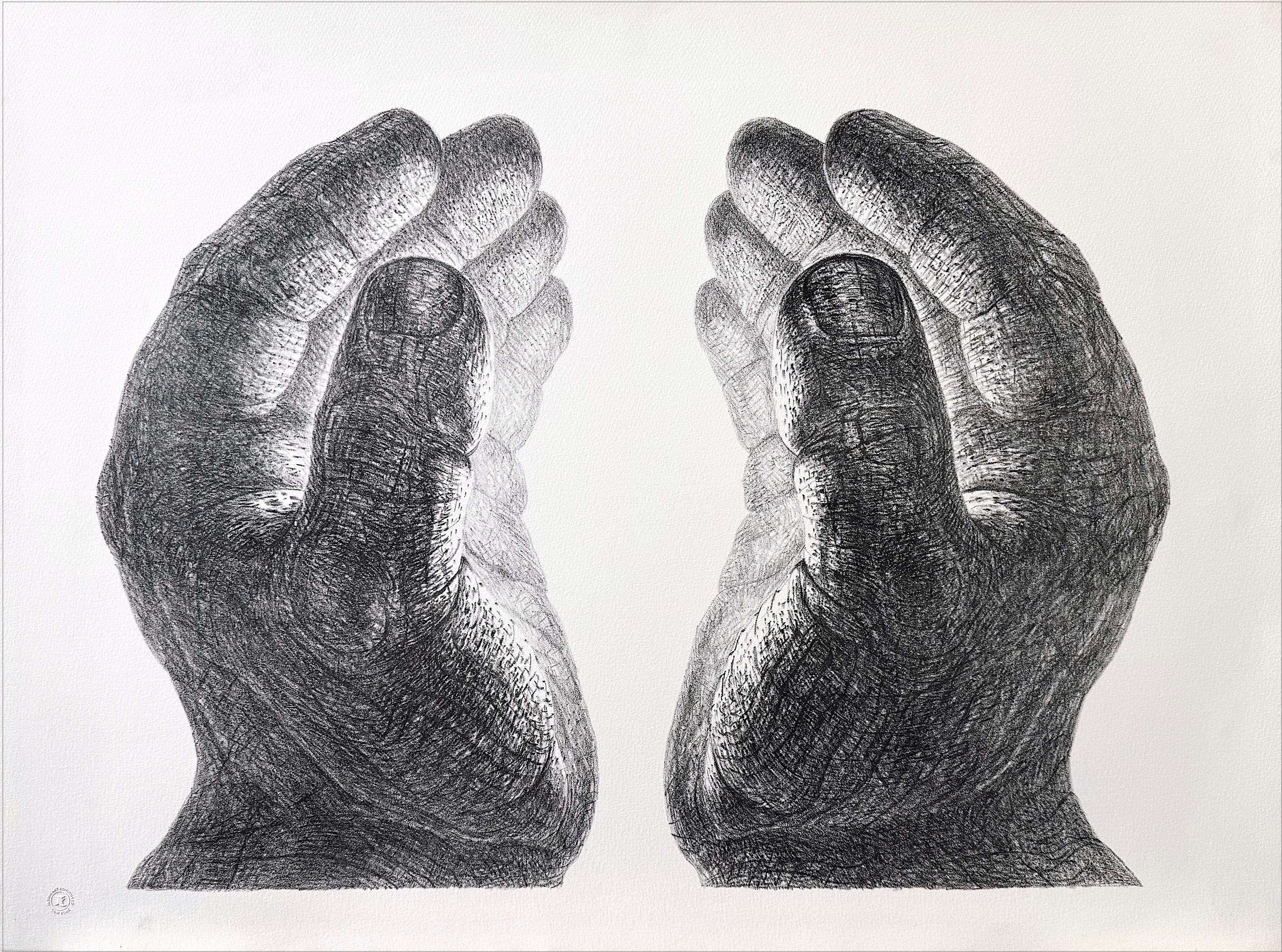 De Es Schwertberger Figurative Print - CREATION Hand Drawn Lithograph, Cupped Pair of Hands, Light Glow, Meditation