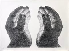 CREATION Hand Drawn Lithograph, Cupped Pair of Hands, Light Glow, Meditation