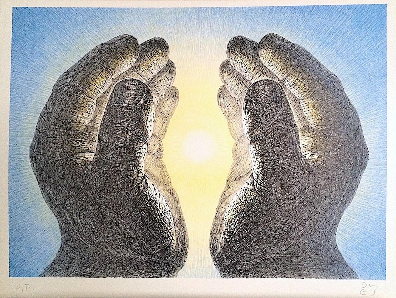 GLOWING HANDS Signed Lithograph, Cupped Hands Portrait, Yellow Light, Blue Sky