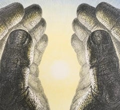 GLOWING HANDS Signed Lithograph, Spiritual Inspiration, Yellow Light, Blue Sky